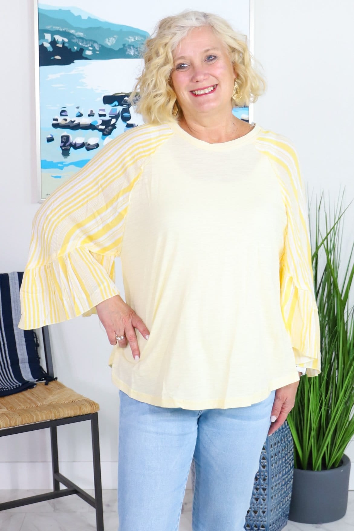 yellow stripe bell sleeve long sleeve top