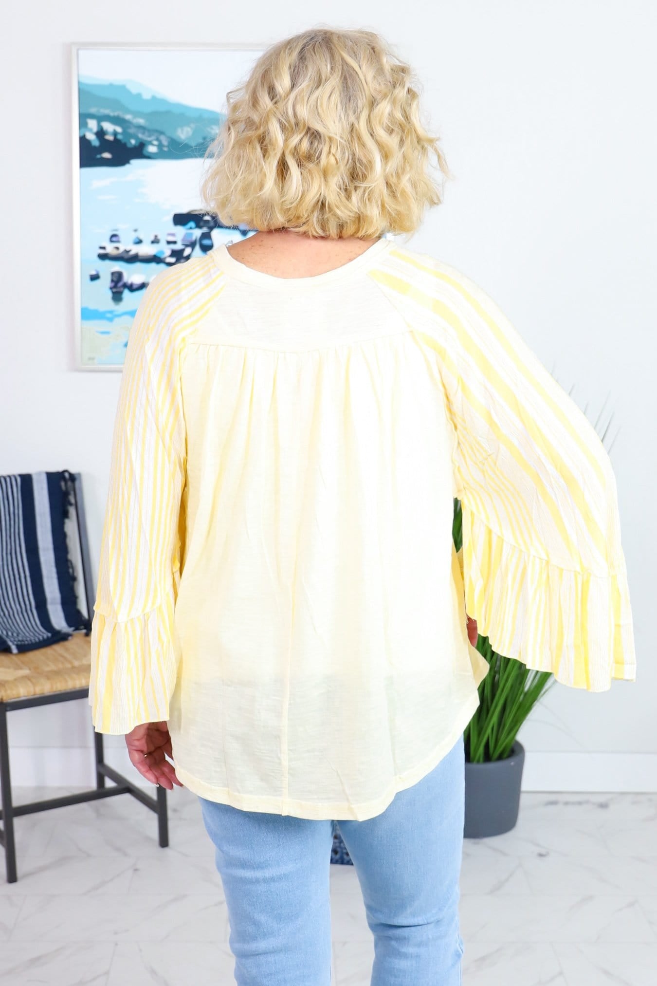 yellow stripe bell sleeve long sleeve top