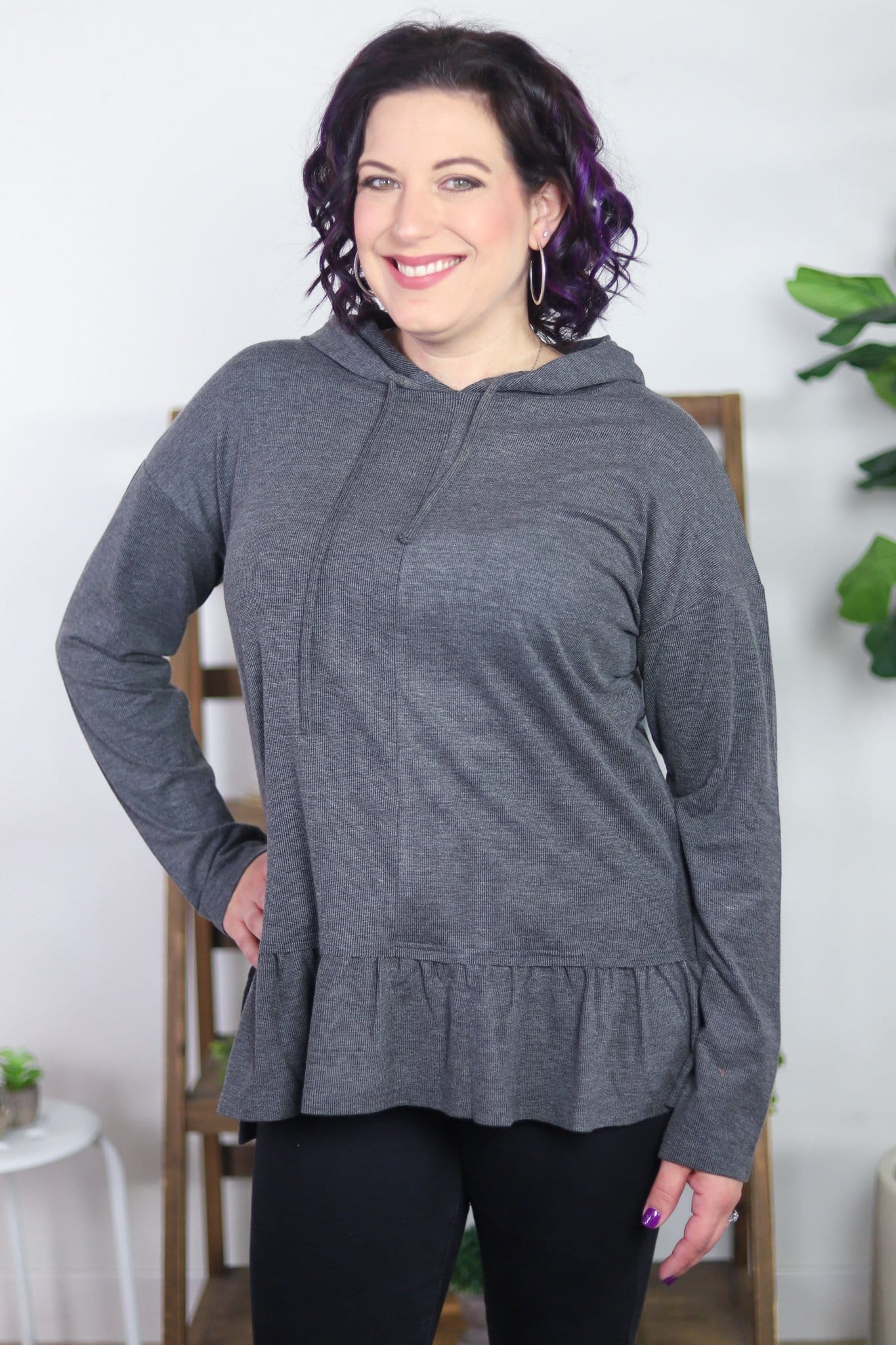 Ribbed Ruffle Hem Hooded Top