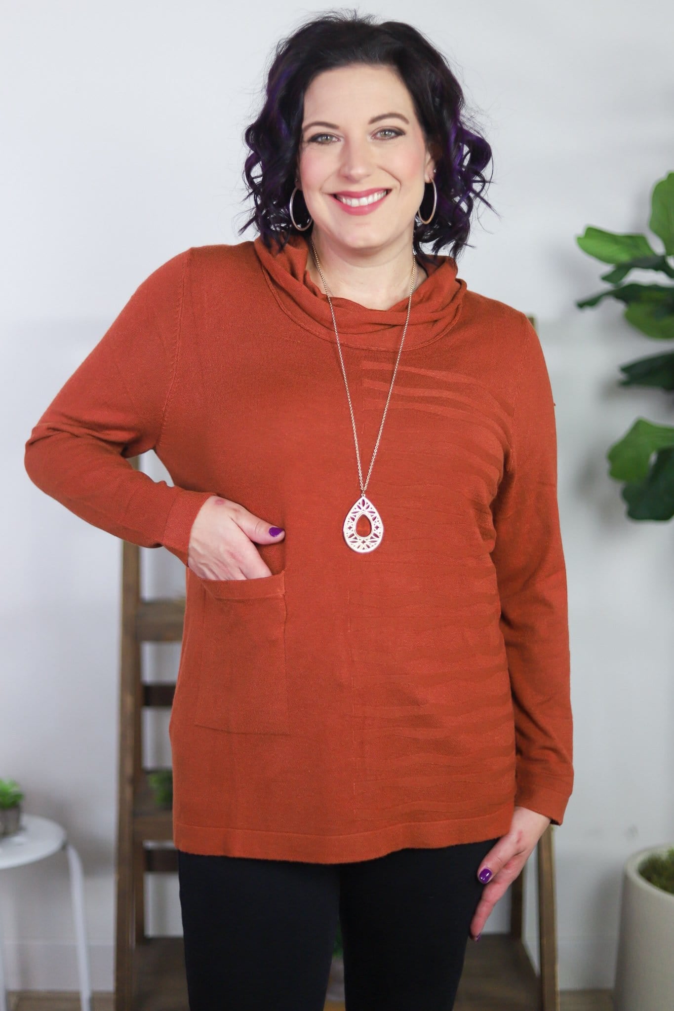 Knit Cowl Neck Rib Detail Sweater