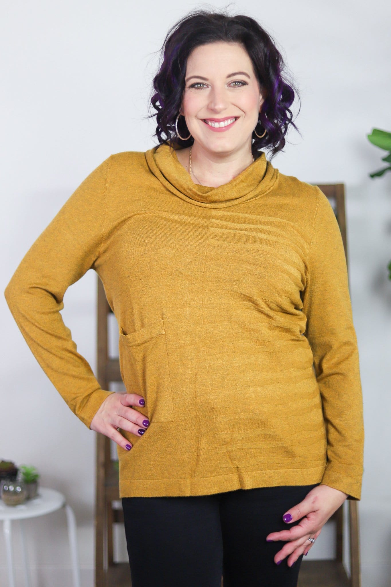 Knit Cowl Neck Rib Detail Sweater