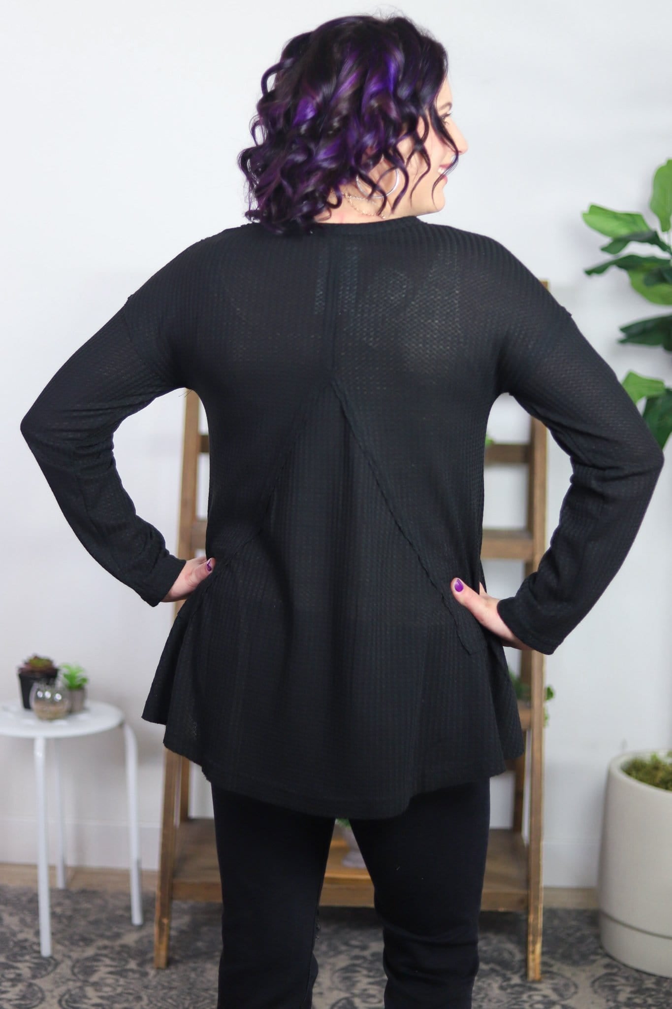 Waffle Knit Pocket Ruffle Hem Top