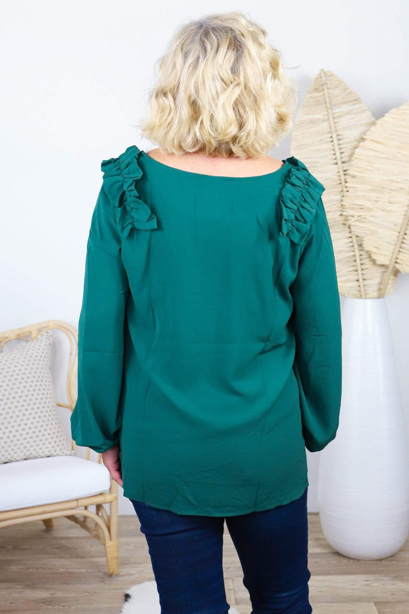 green long sleeve ruffle top