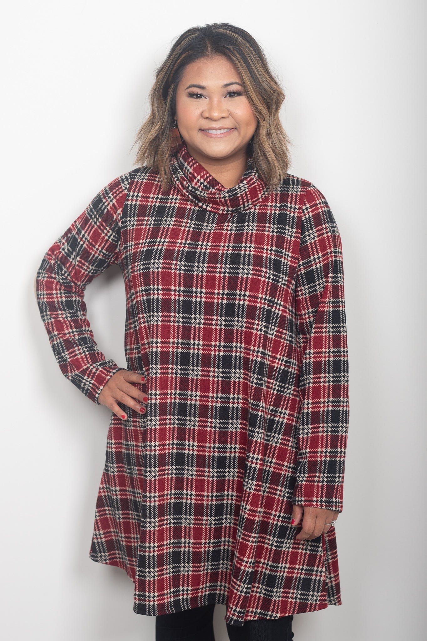 Red Plaid Cowl Dress