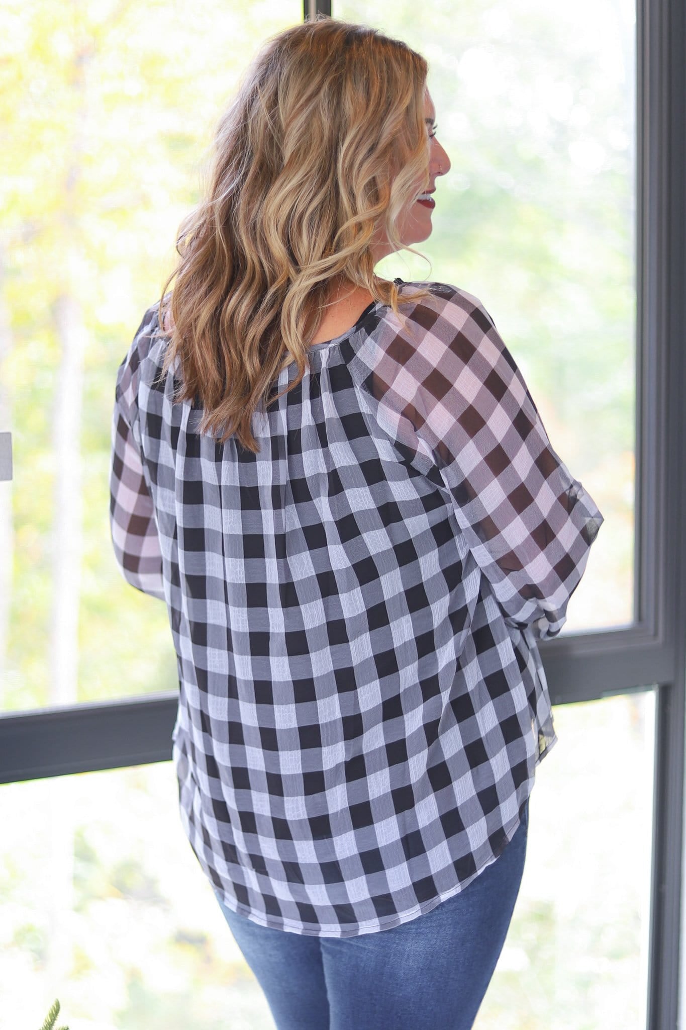 Black & Ivory Plaid Billow Sleeve Blouse
