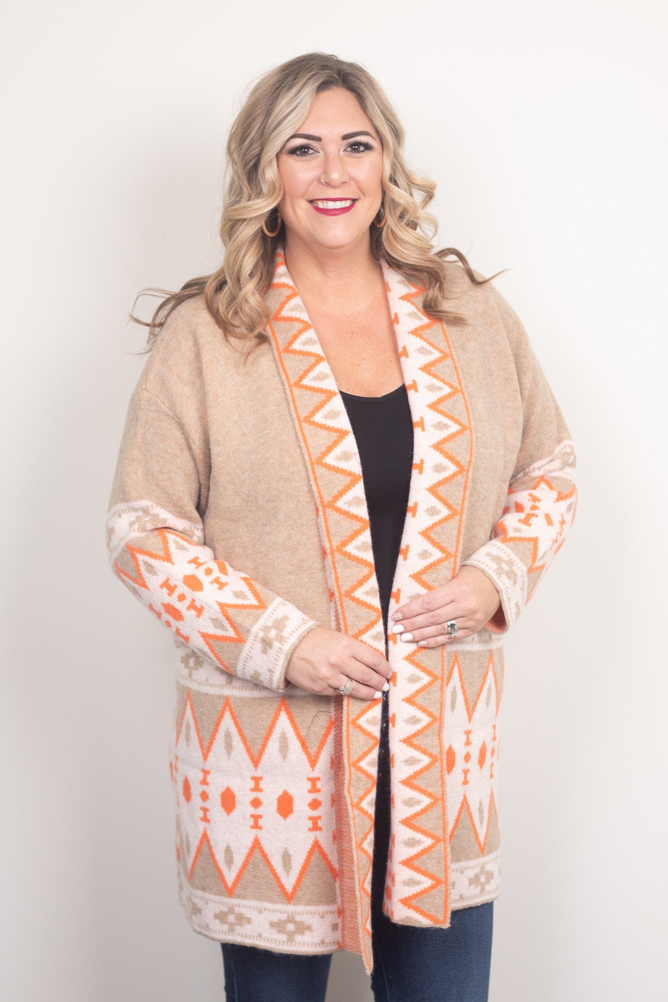 orange and tan tribal cardigan