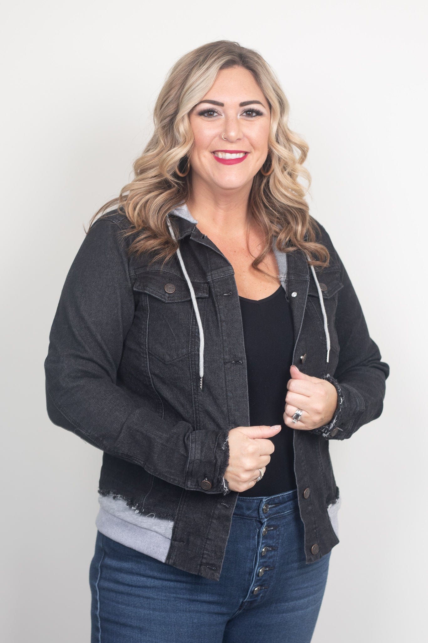 Black and Grey Denim Hoodie Jacket