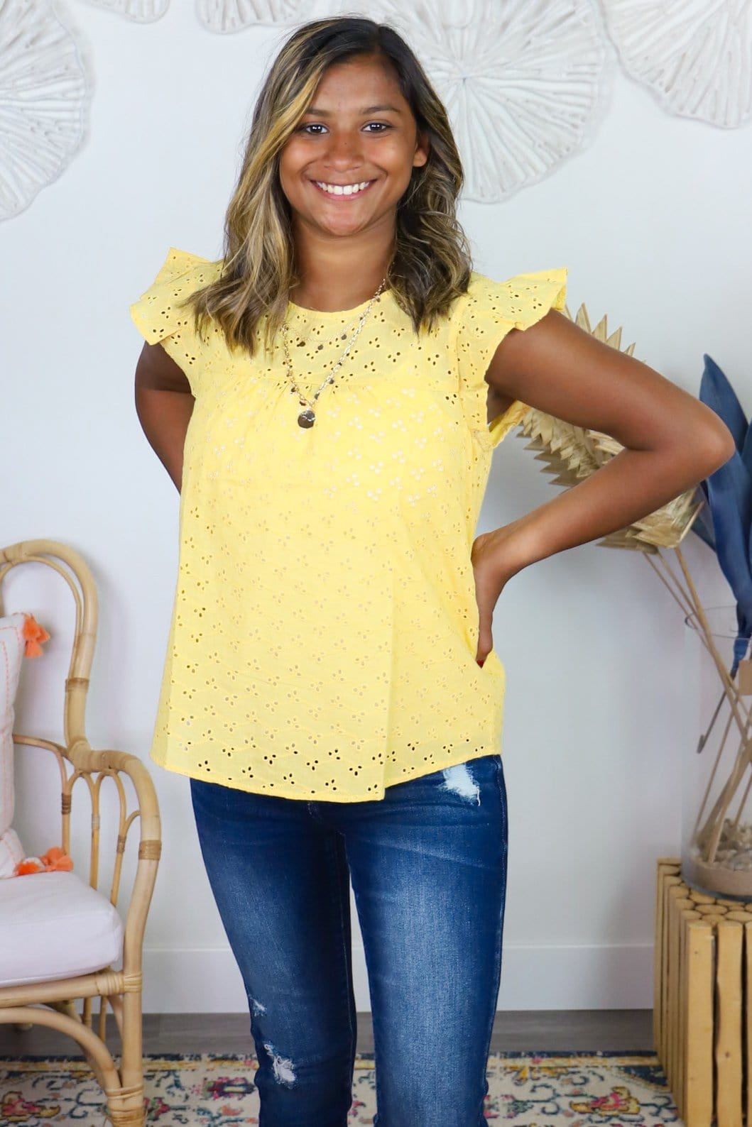 Eyelet Flutter Sleeve Top
