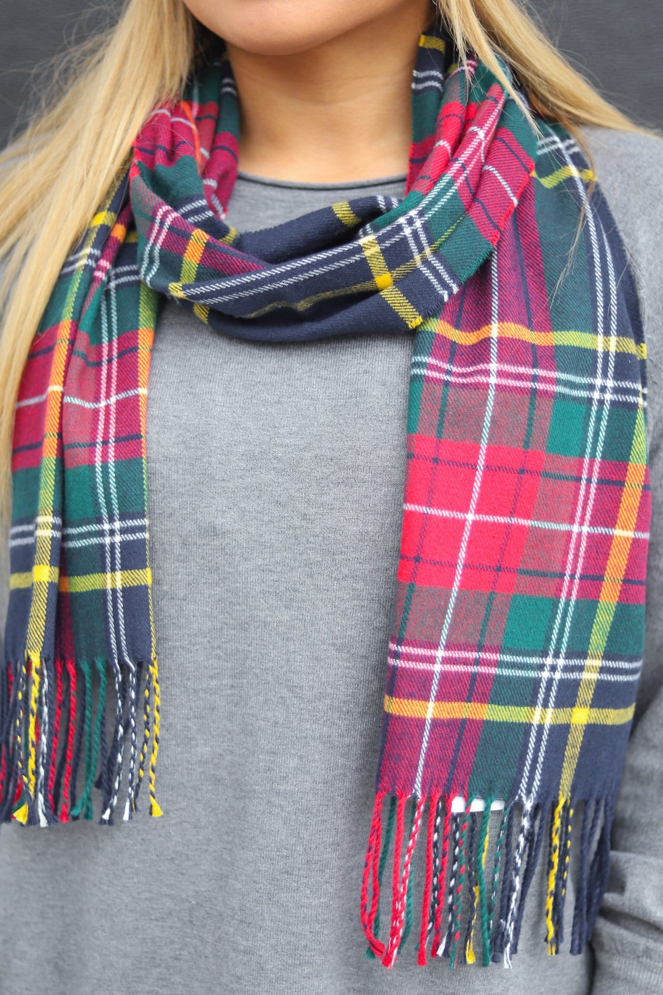 Cashmere Feel Scarf Navy Classic Plaid