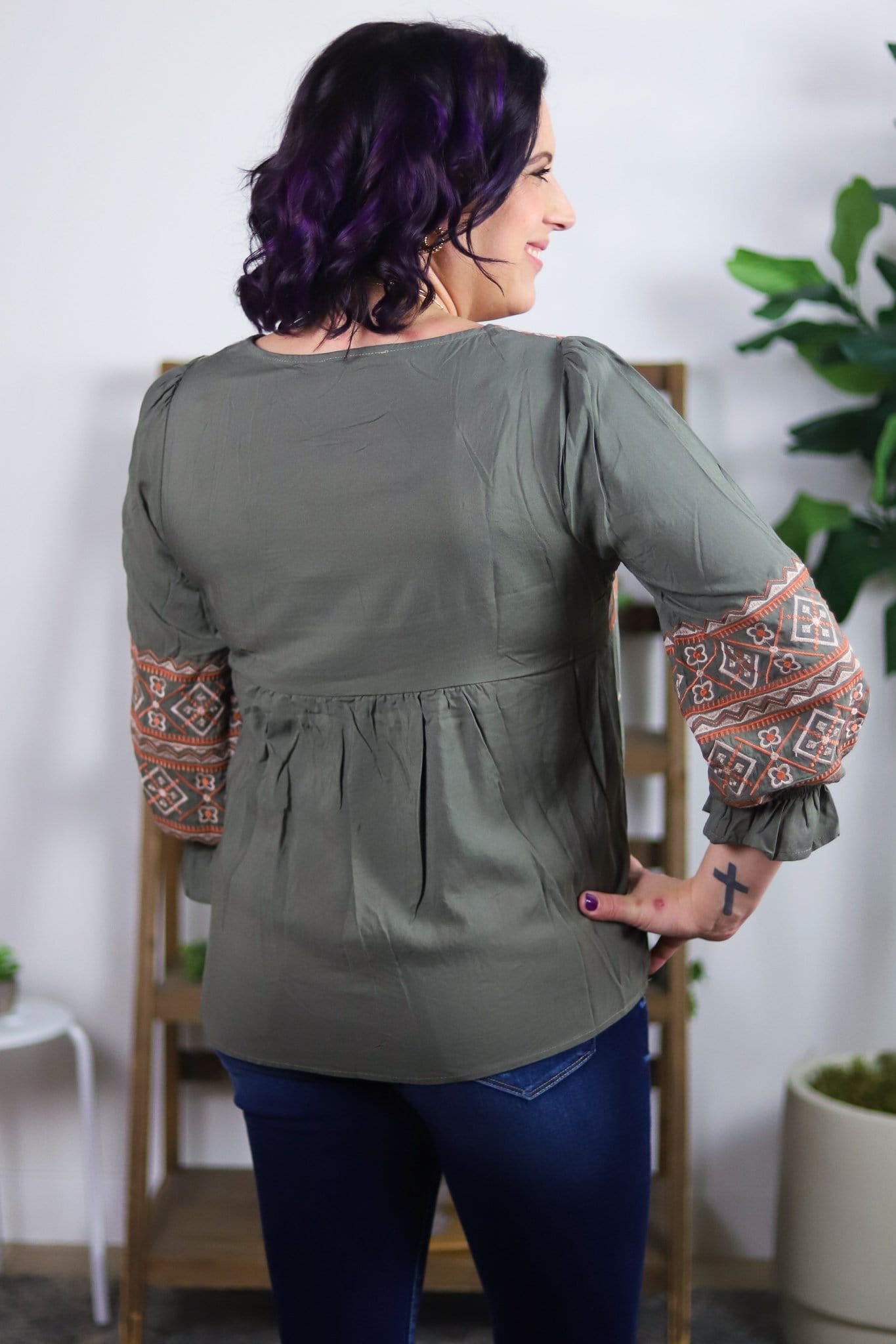 Olive Aztec Embroidery Babydoll Top