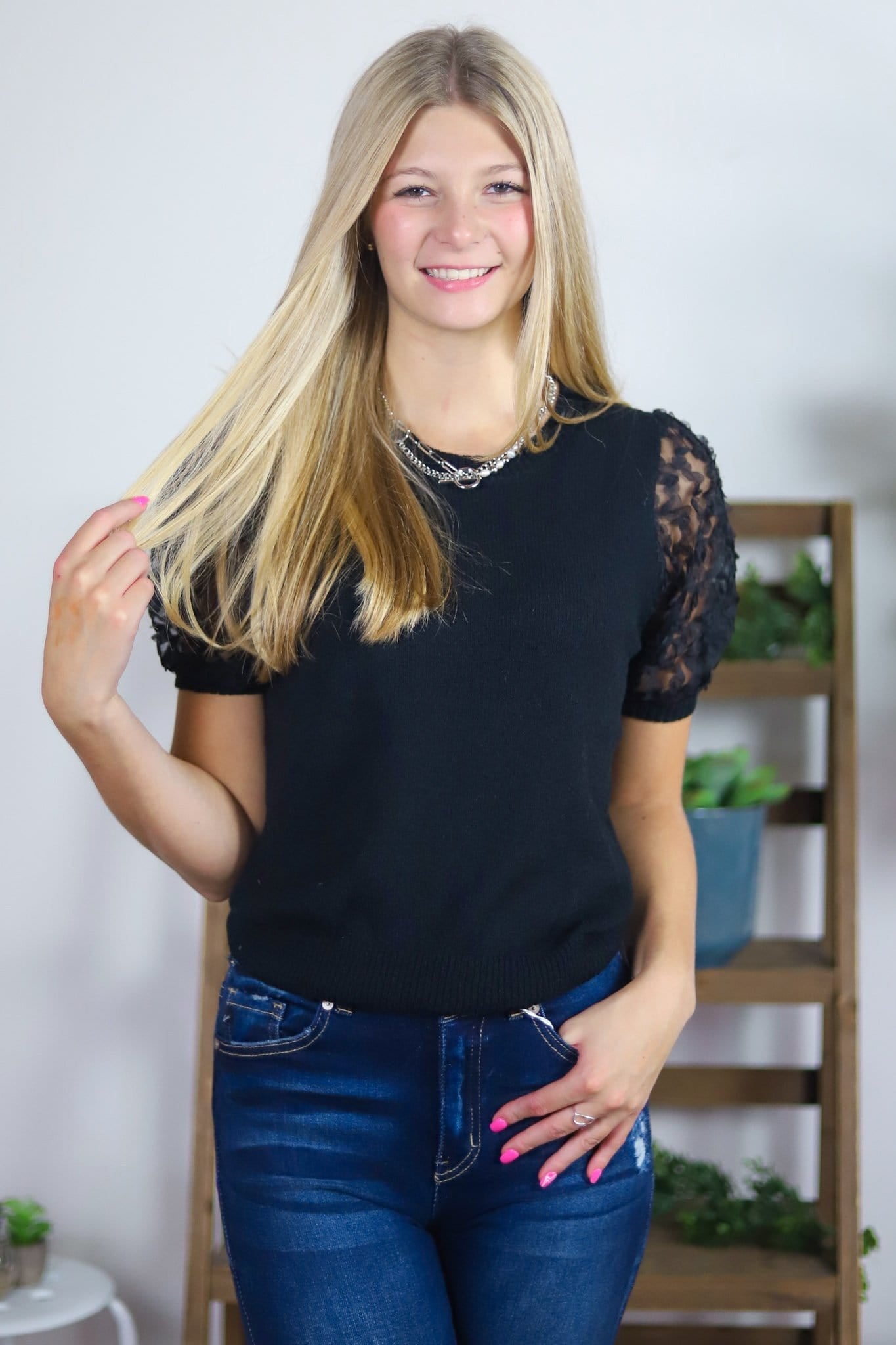 Black Texture Lace Combo Sweater Top