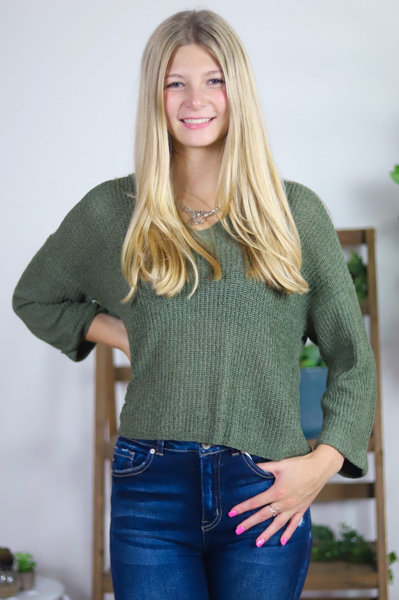 Olive Round Neck Sweater Top