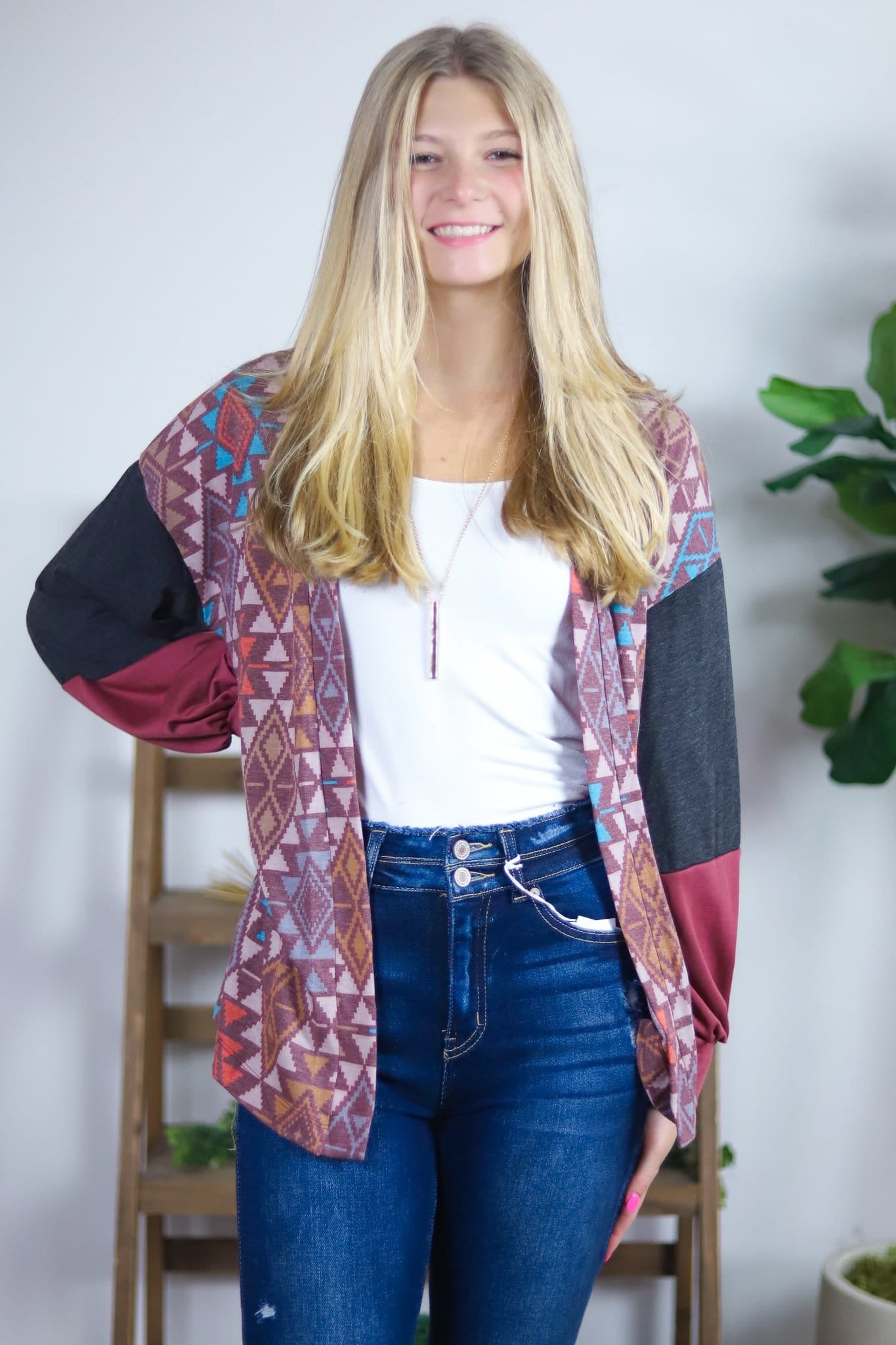 Aztec Patch Colorblock Sleeve Cardigan