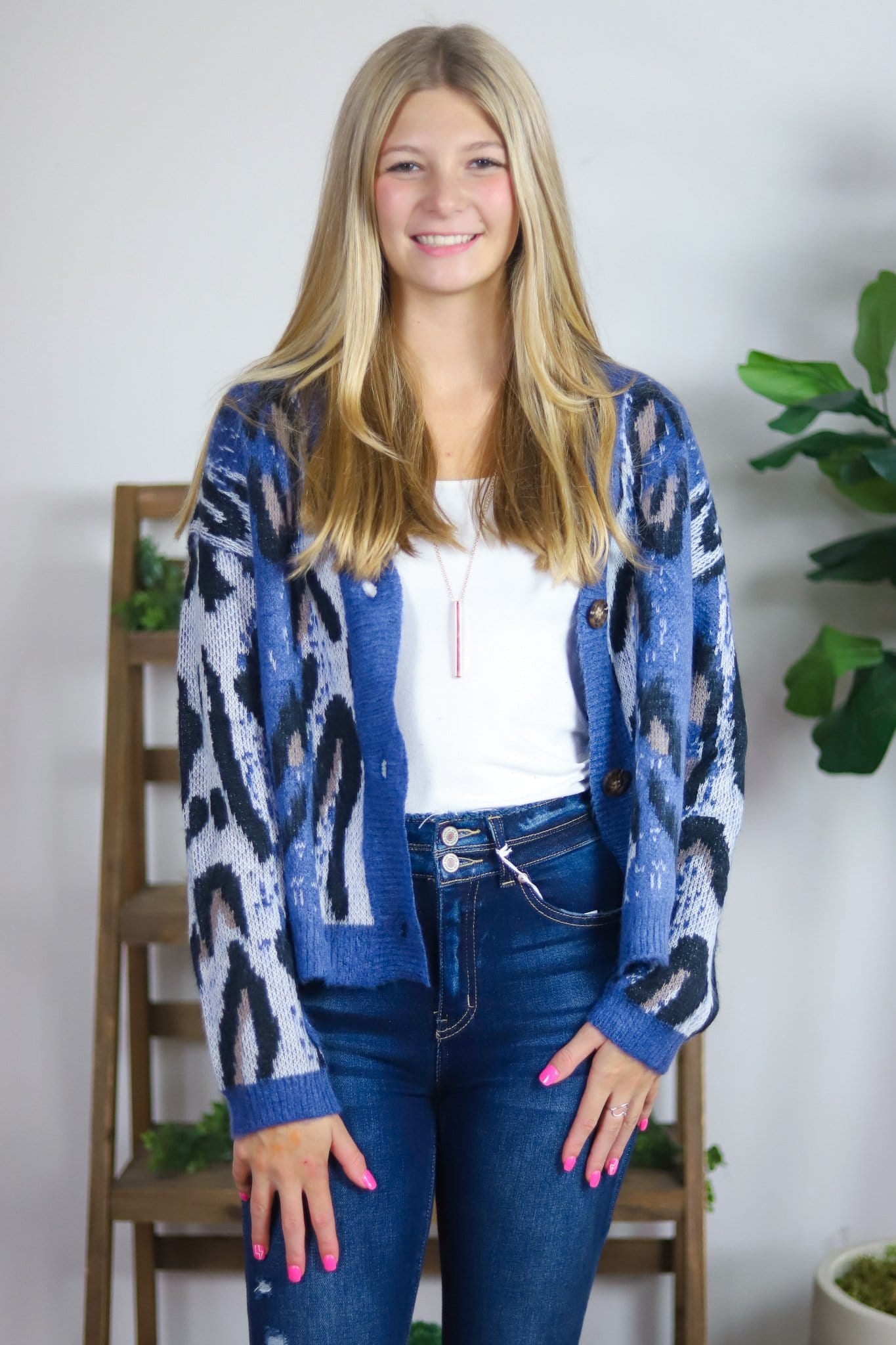Blue Leopard Jacquard Cardigan