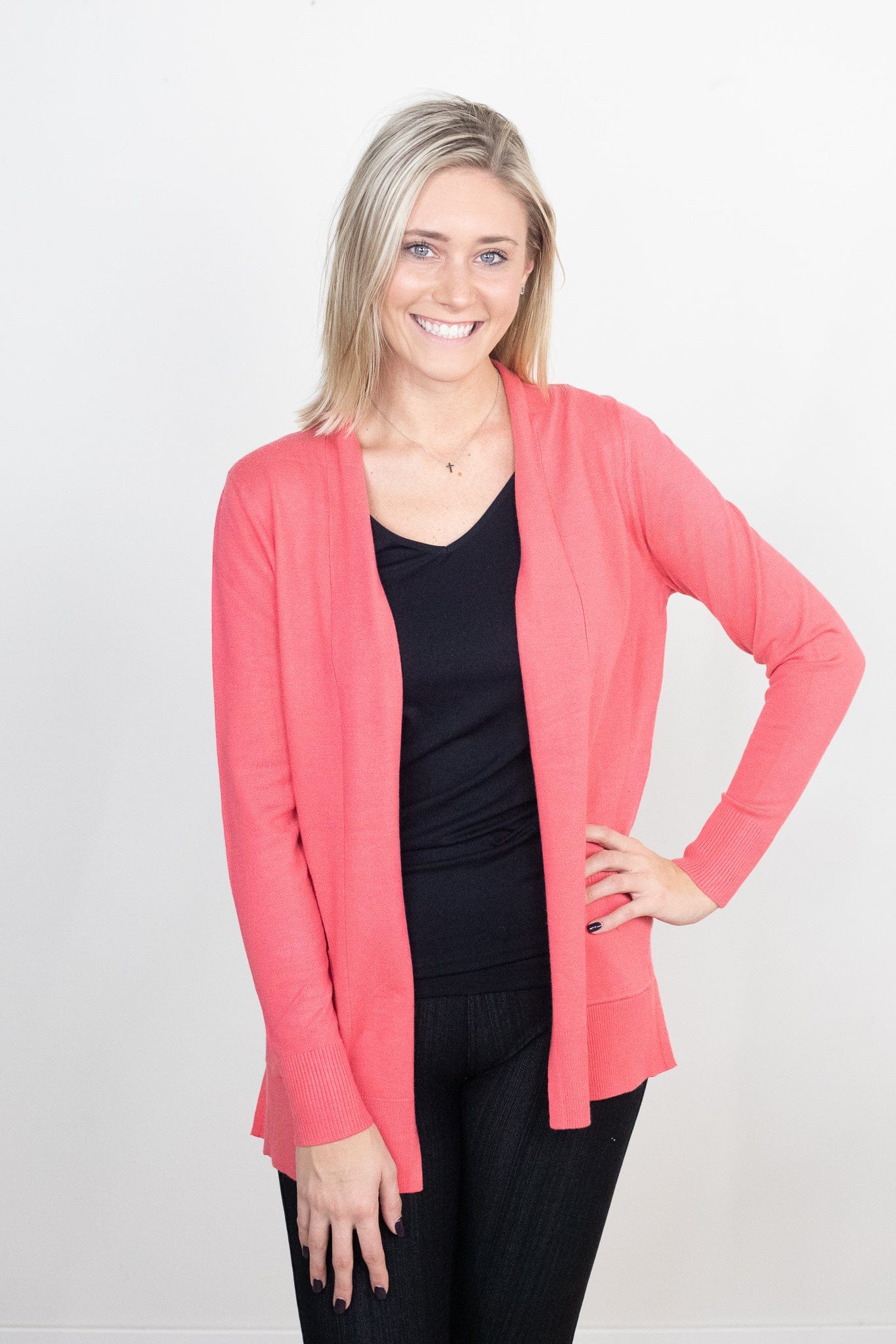 coral cardigan