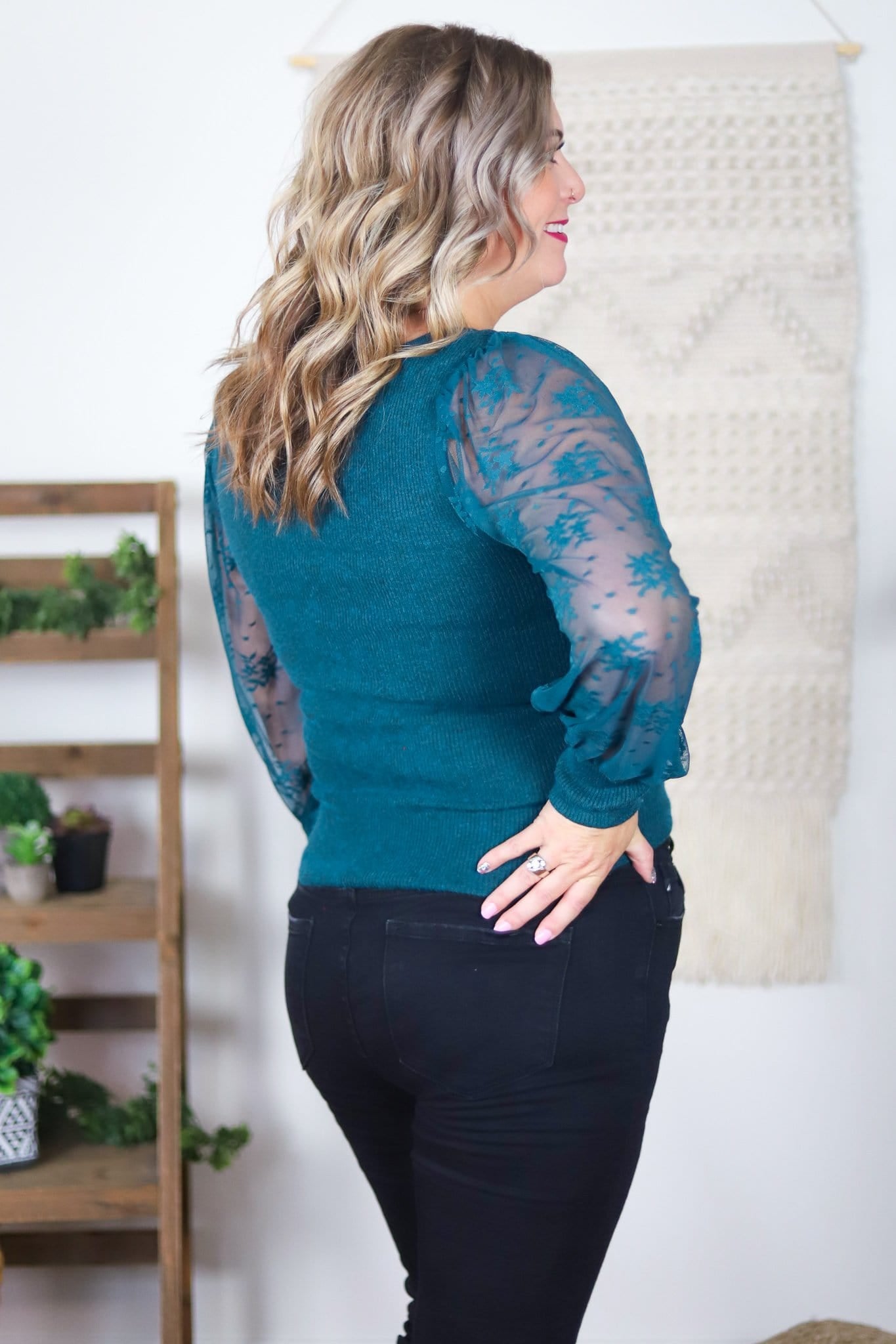 blue lace sleeve top