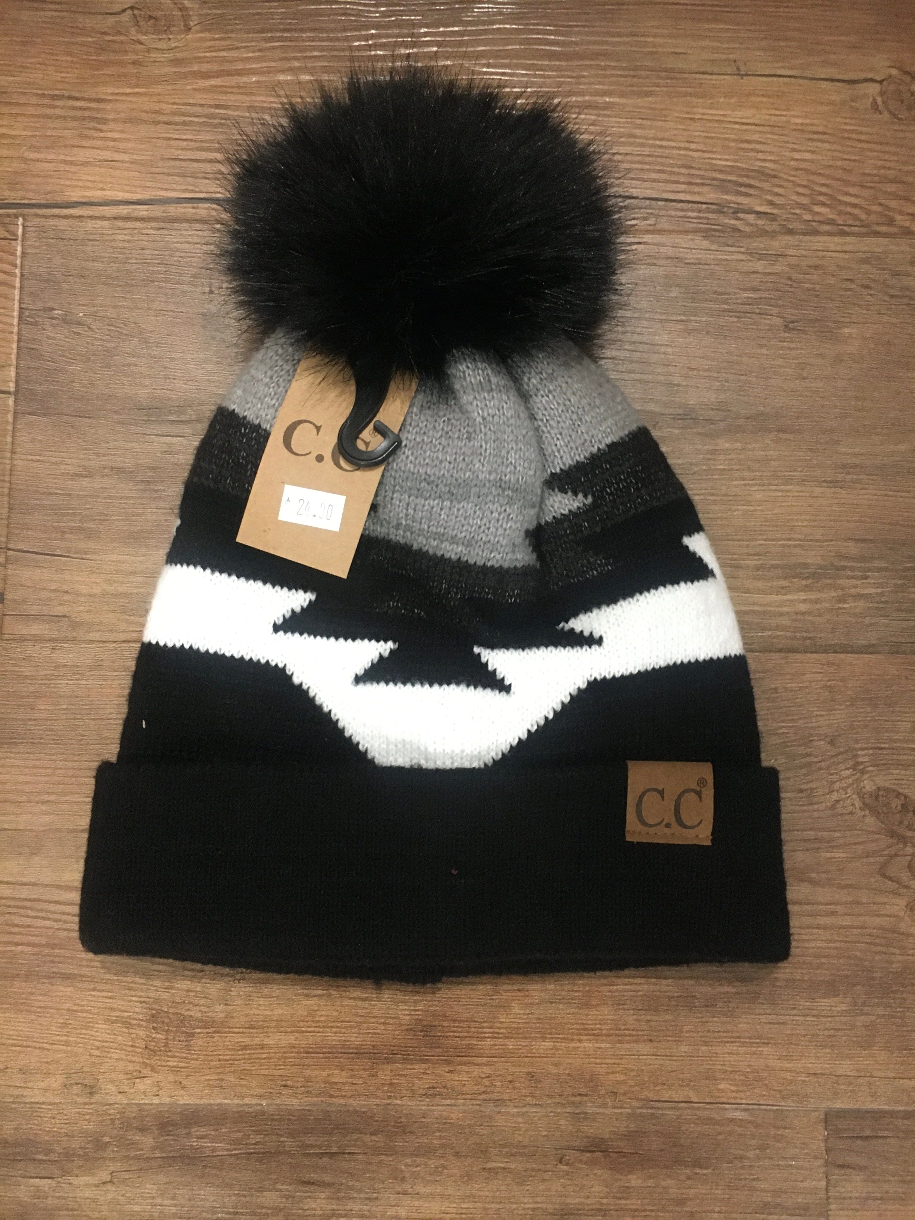 Black Aztec Pattern Beanie W/ Pom