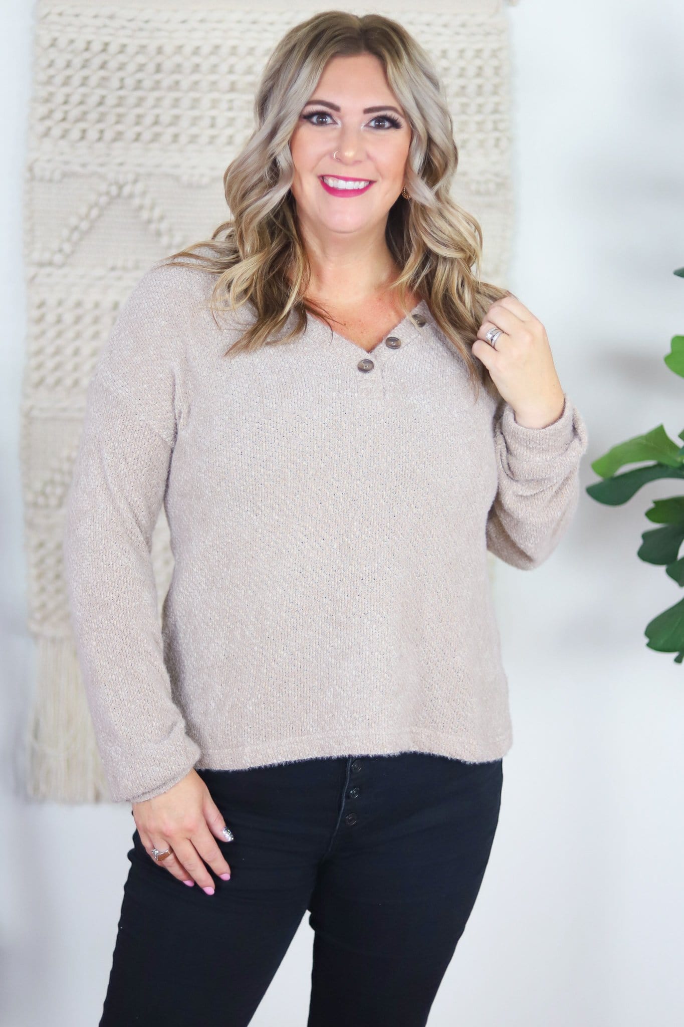 buttoned v-neck tan soft sweater