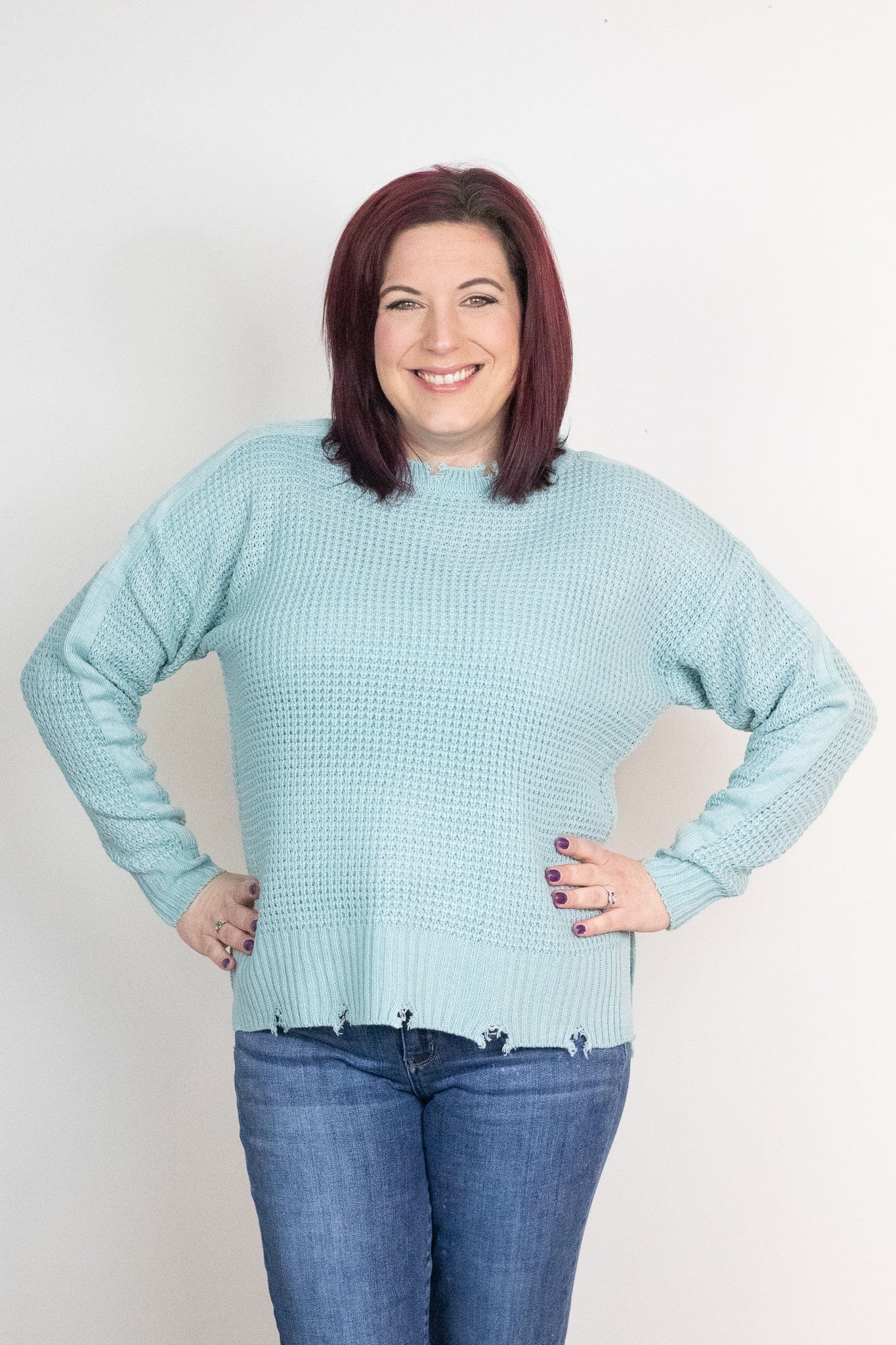 Light Green Distressed Waffle Sweater