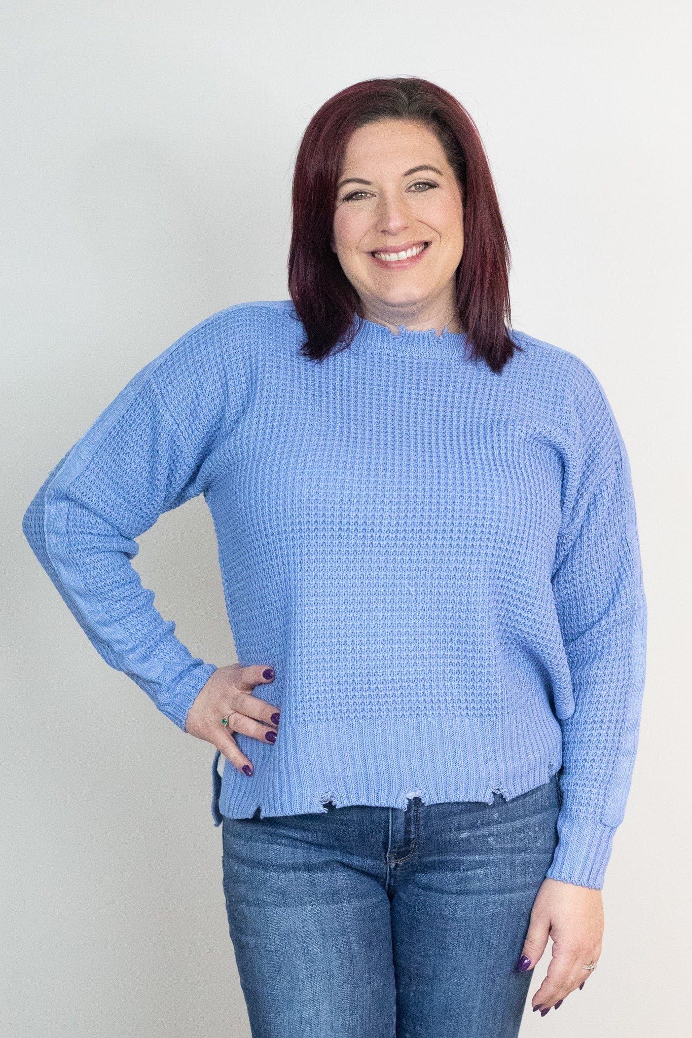 Spring Blue Distressed Waffle Sweater