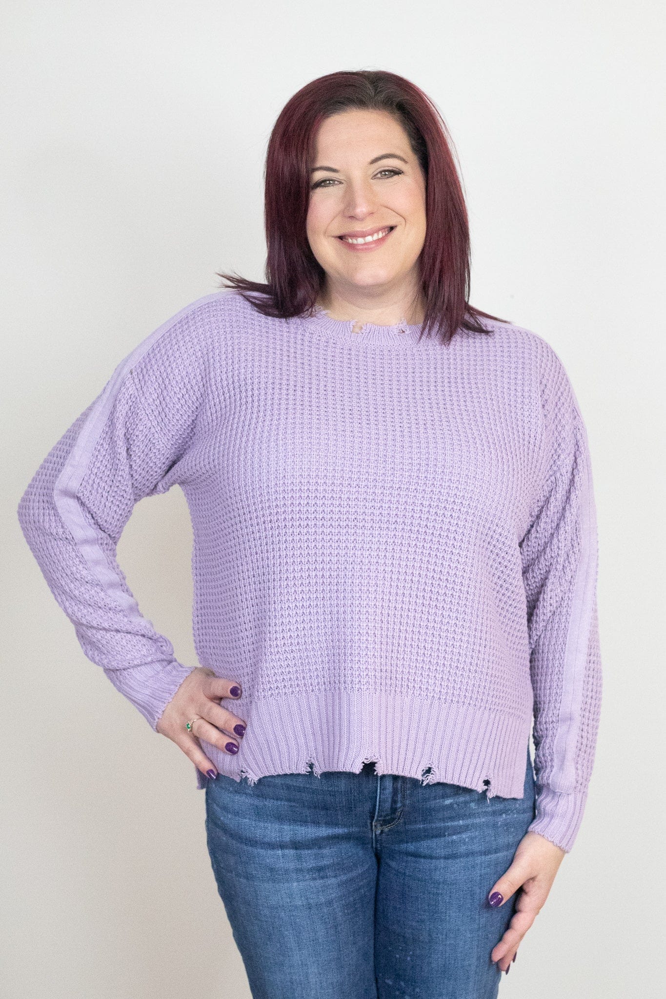 Dusty Lavender Distressed Waffle Sweater
