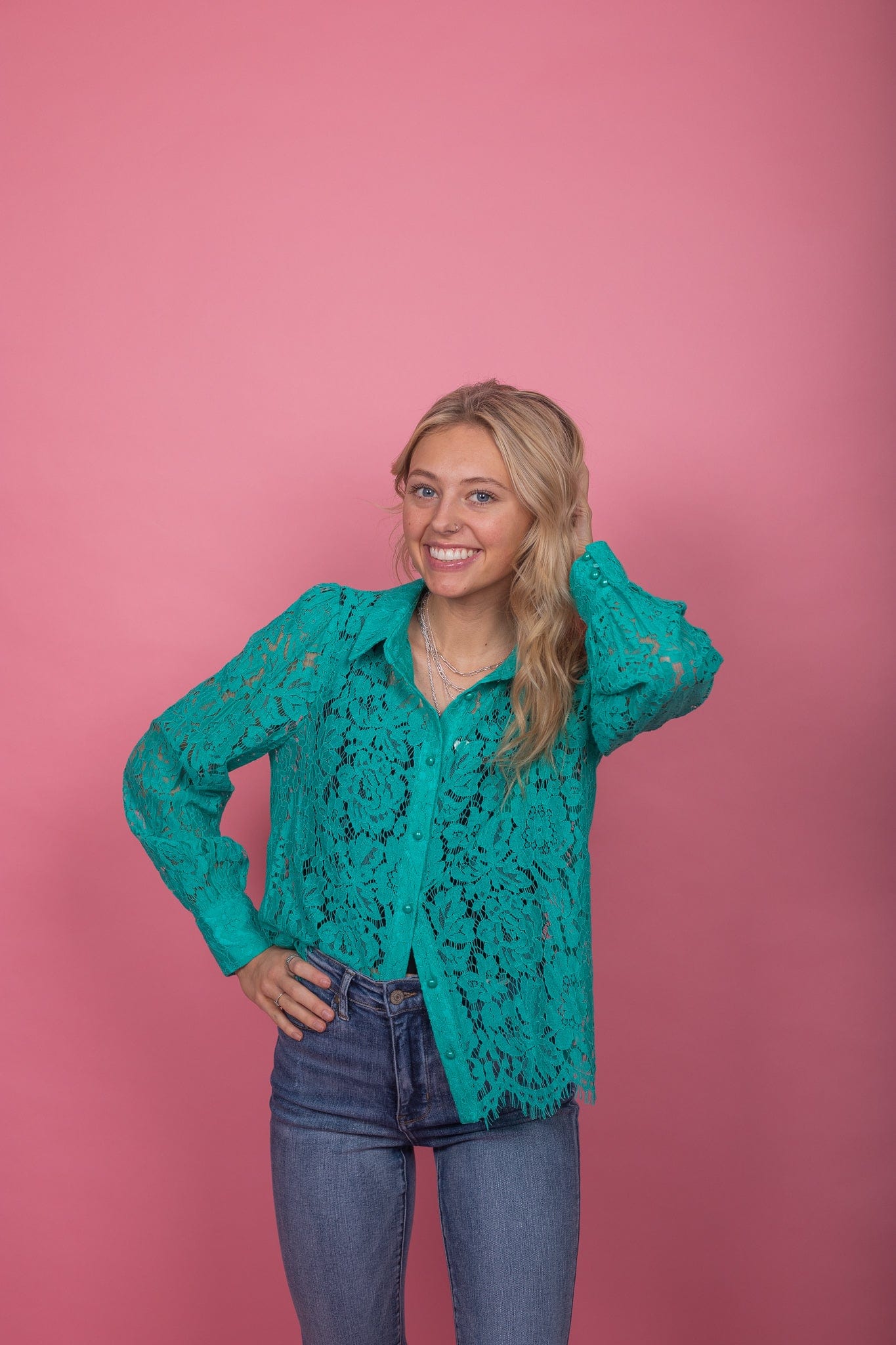 Emerald Floral Lace Button Blouse