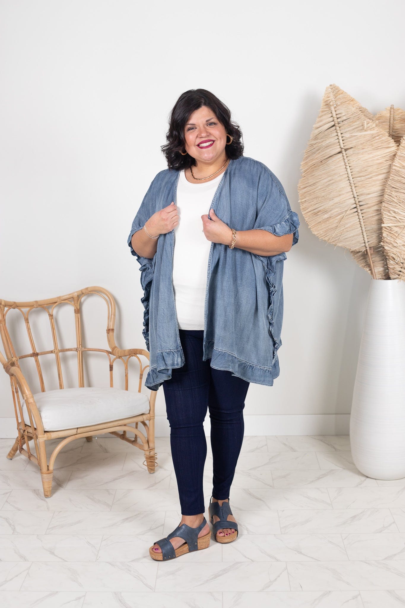 Washed Denim Ruffle Kimono