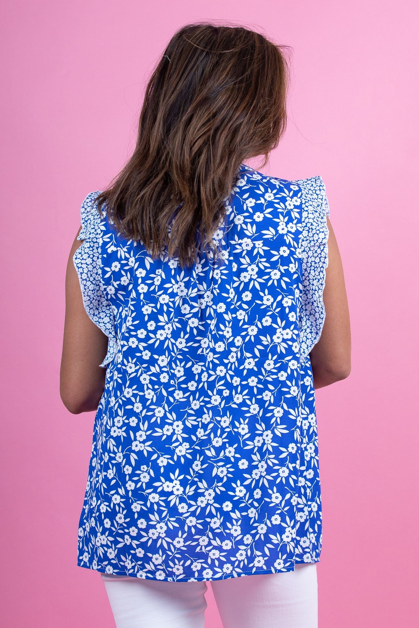 Floral Delft Ruffle Cap Sleeve Top