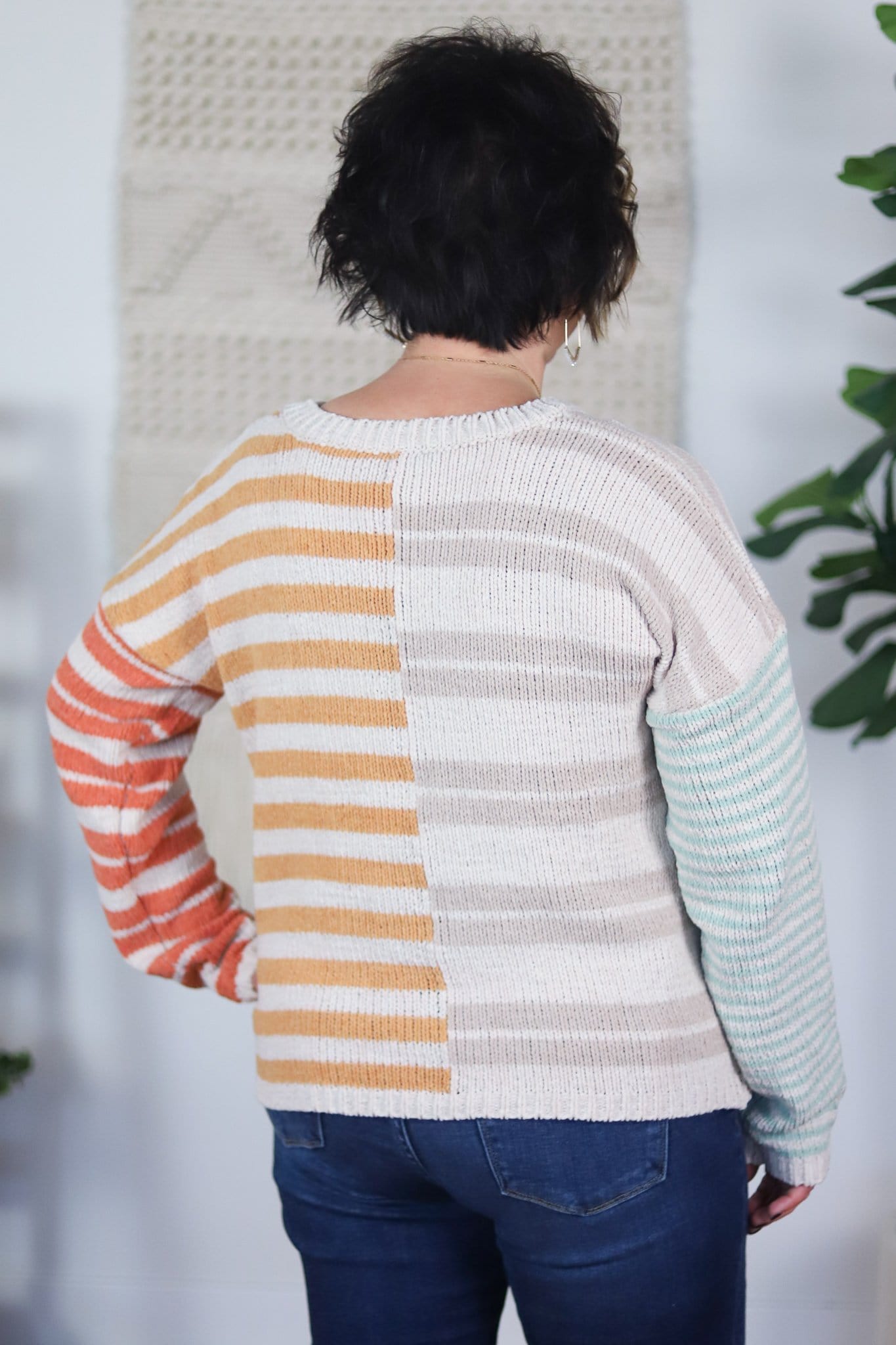 coral orange grey teal sweater