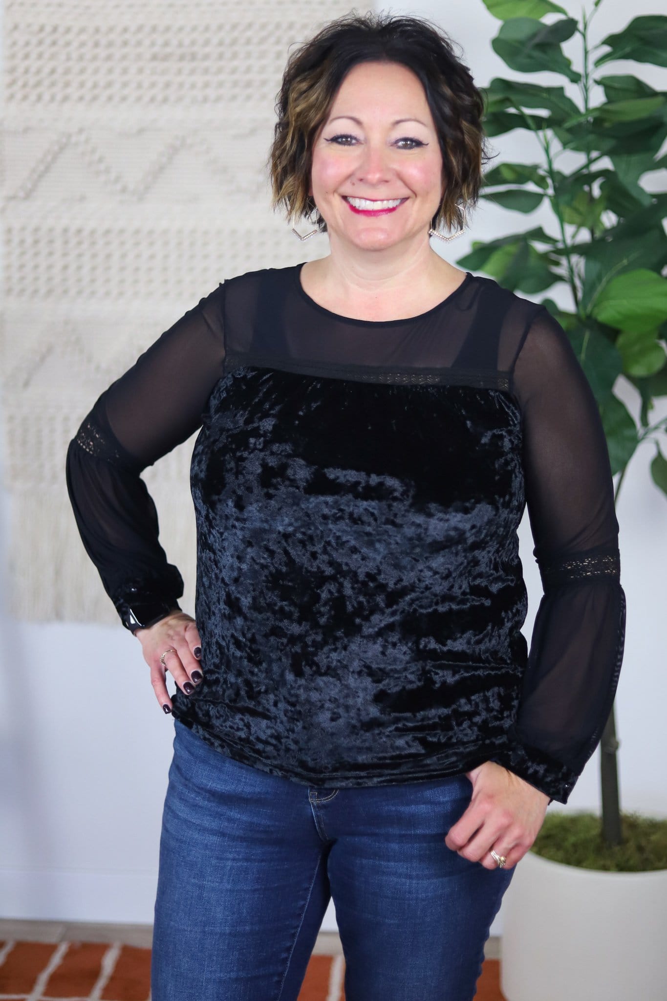 Mesh and velvet black formal top