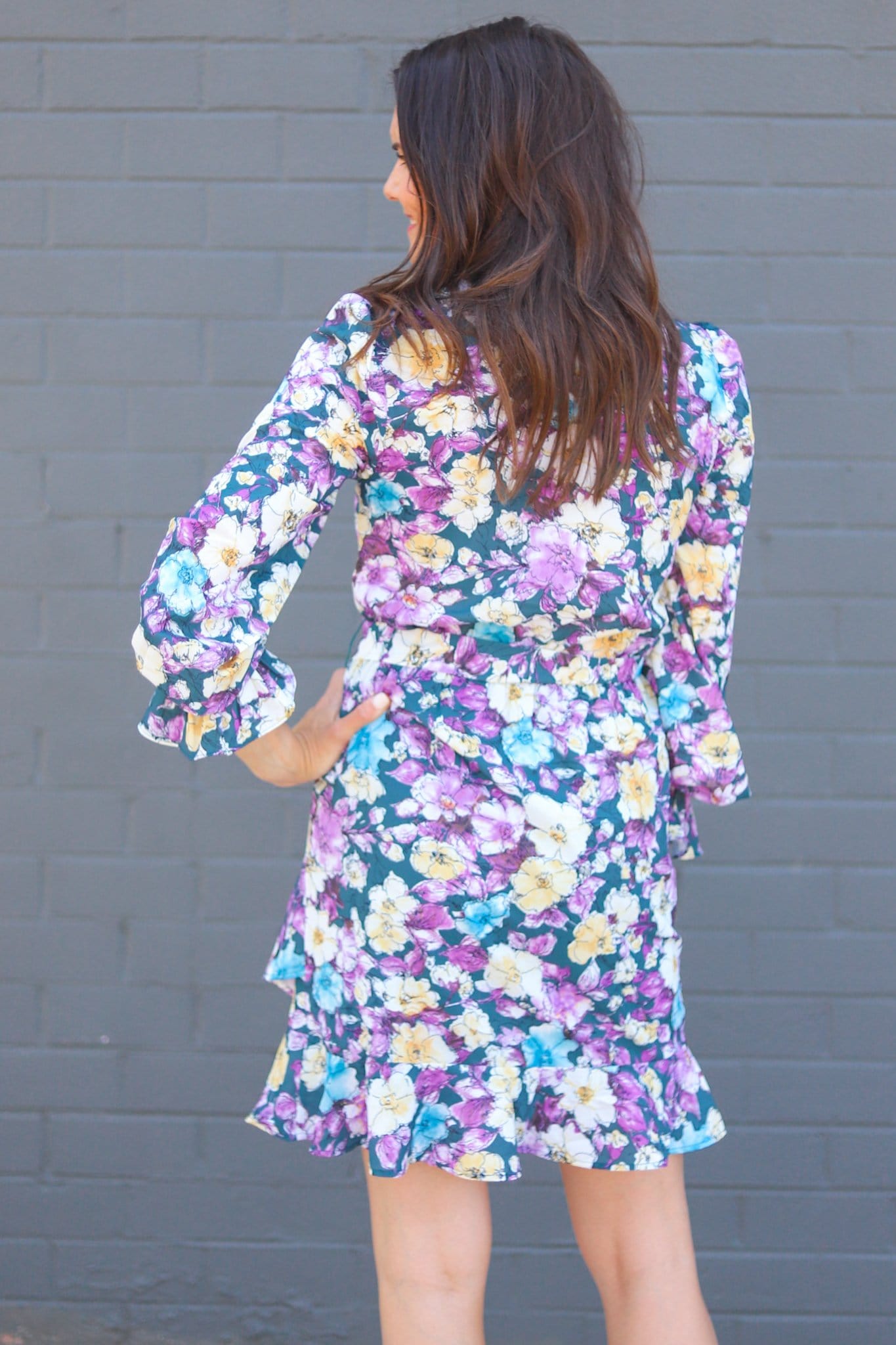 Teal Floral Ruffle Hem Dress