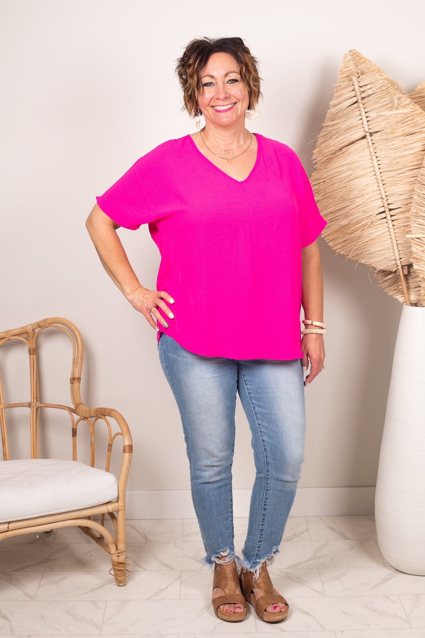 Hot Pink V-Neck Basic Blouse