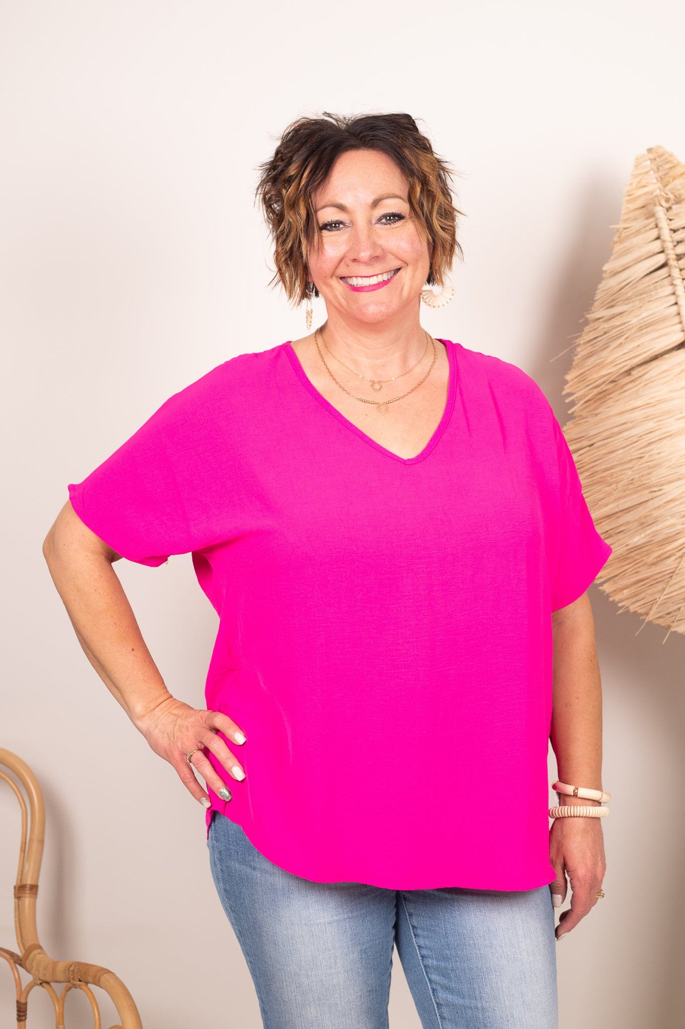 Hot Pink V-Neck Basic Blouse