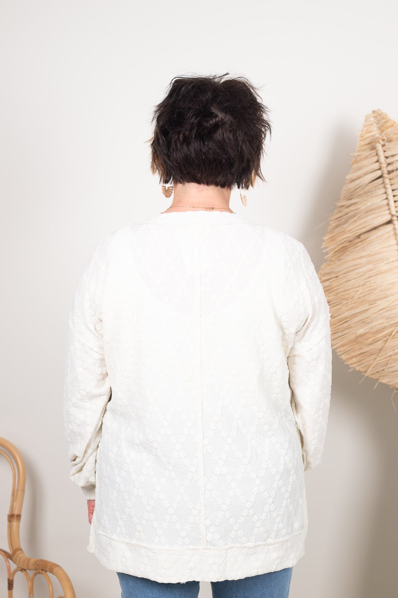 Cream Textured Balloon Sleeve Top