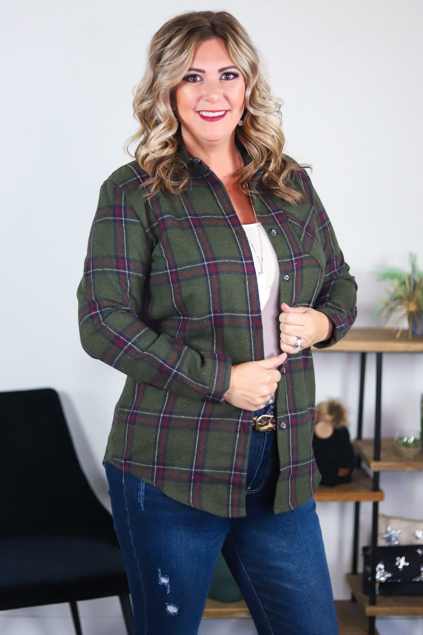 green flannel shacket with mauve stripe