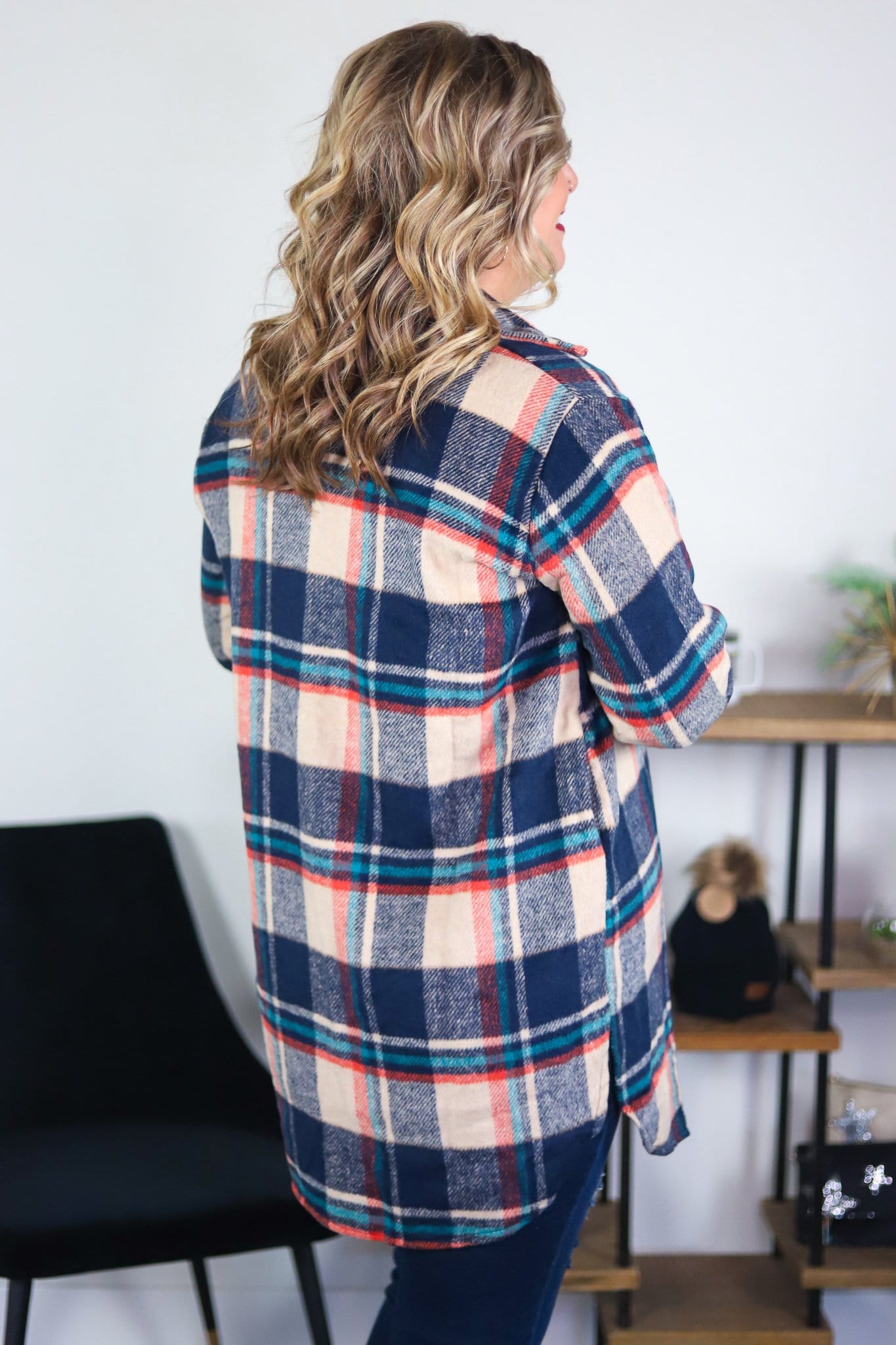 Navy & Taupe Plaid Flannel Shacket