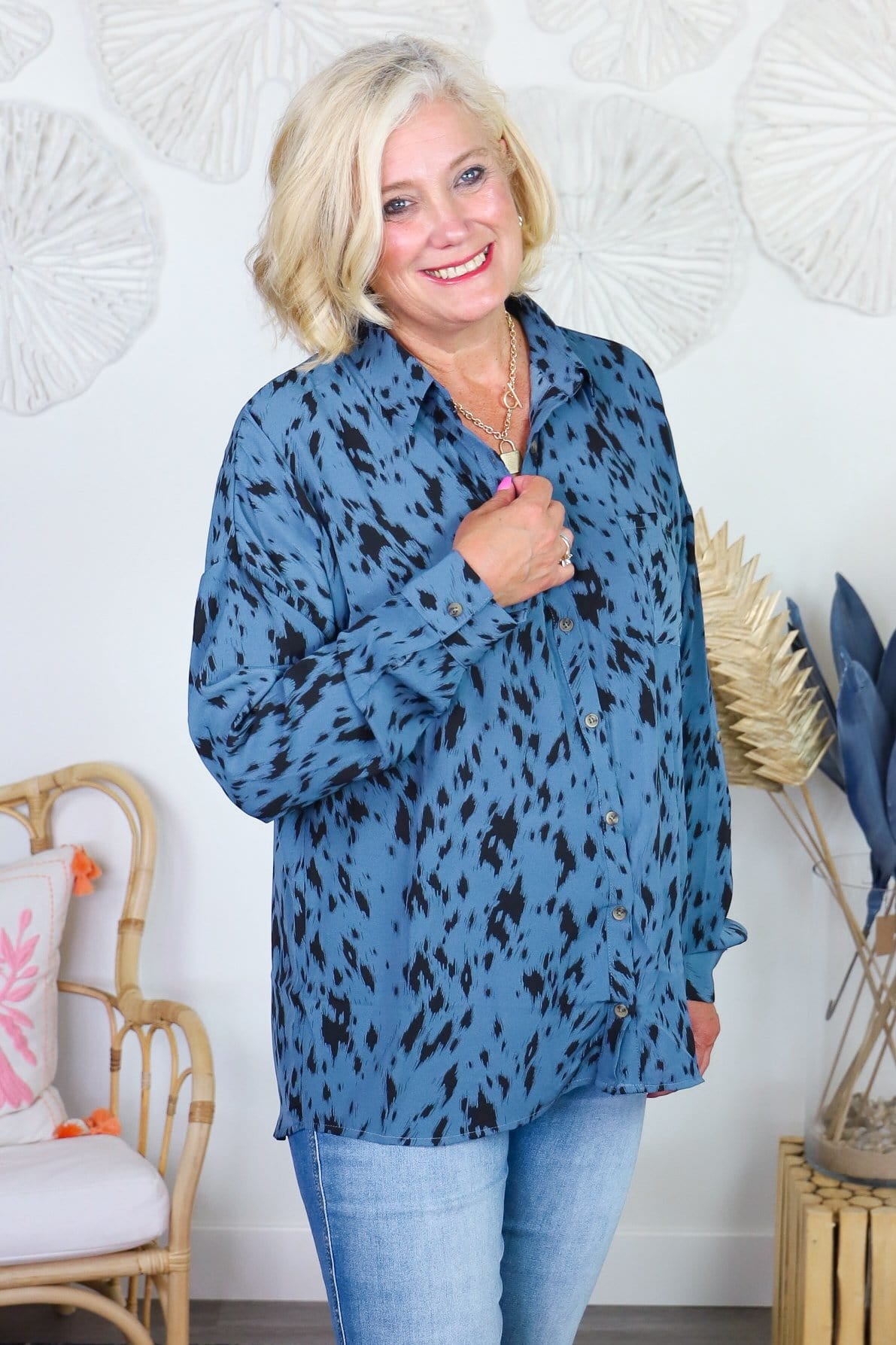 blue leopard button down shirt