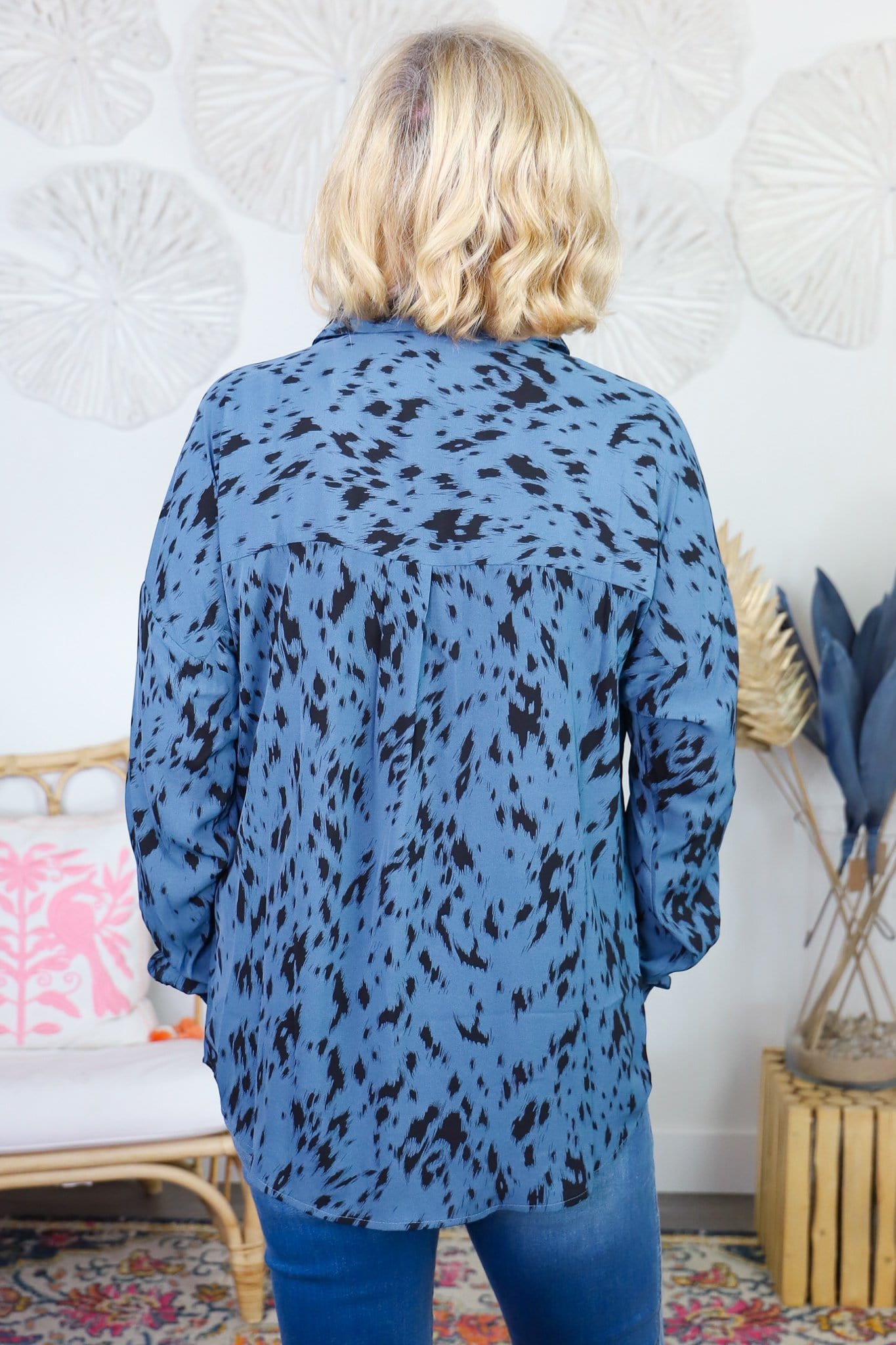 blue leopard button down shirt