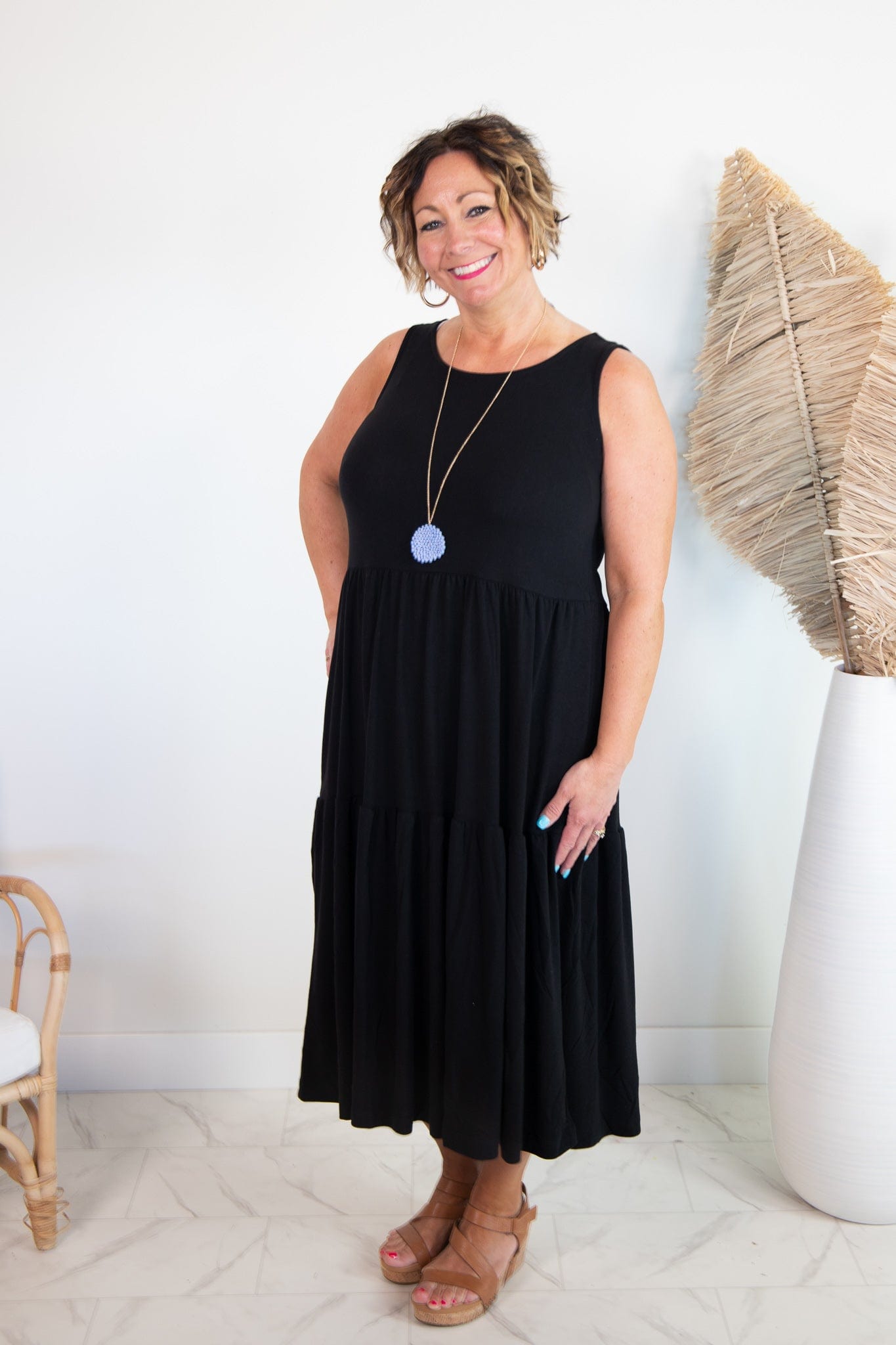 Black Tiered Knit Midi Dress