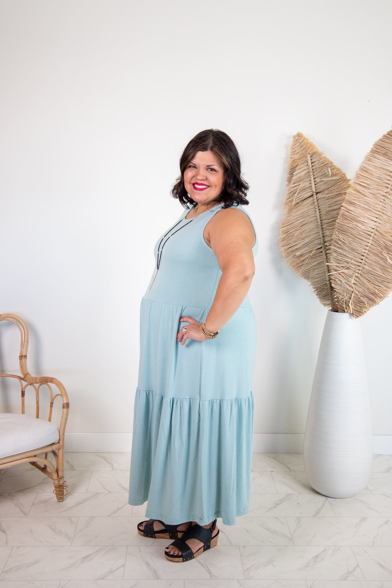 Light Green Tiered Knit Midi Dress