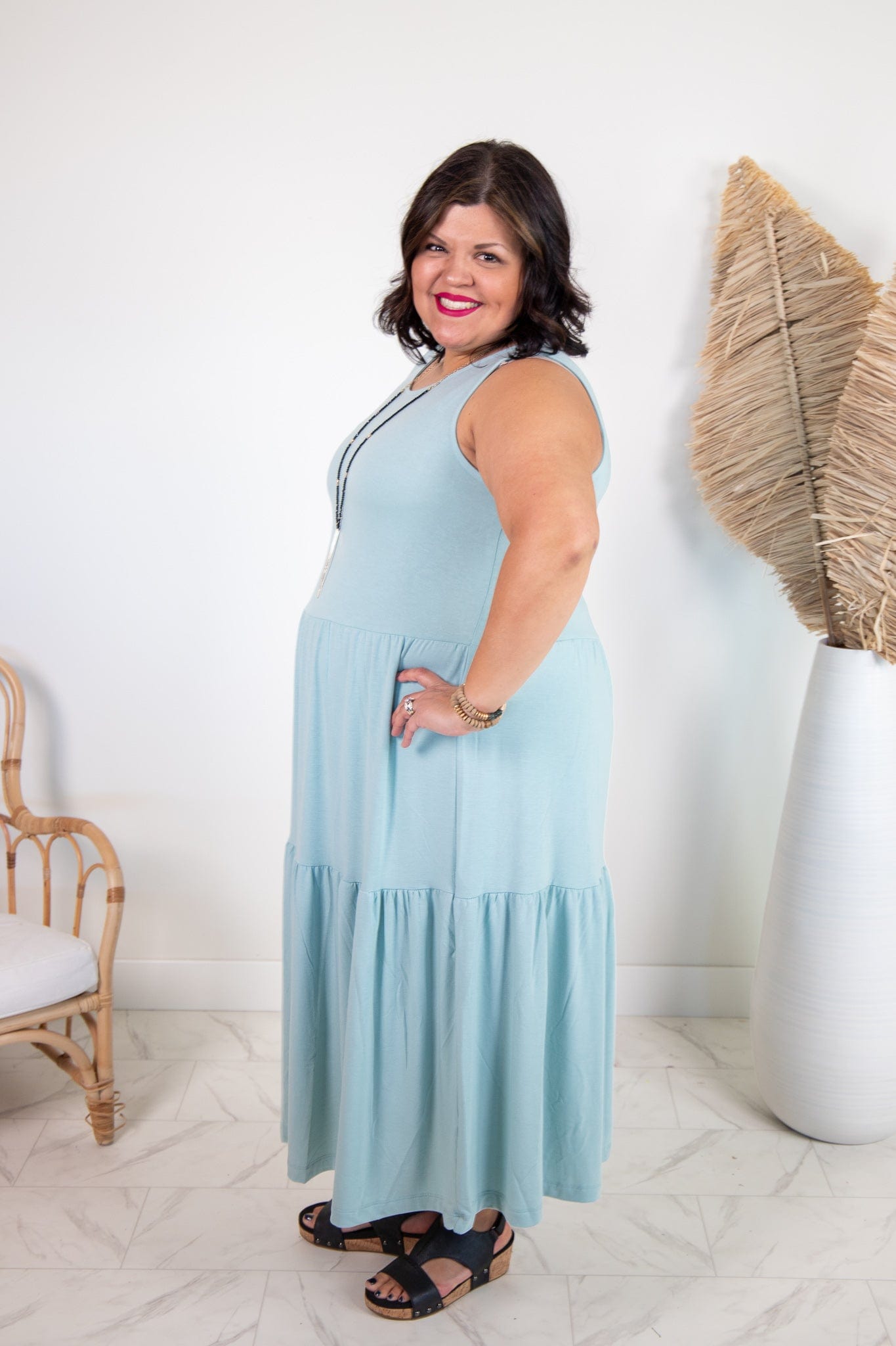 Light Green Tiered Knit Midi Dress