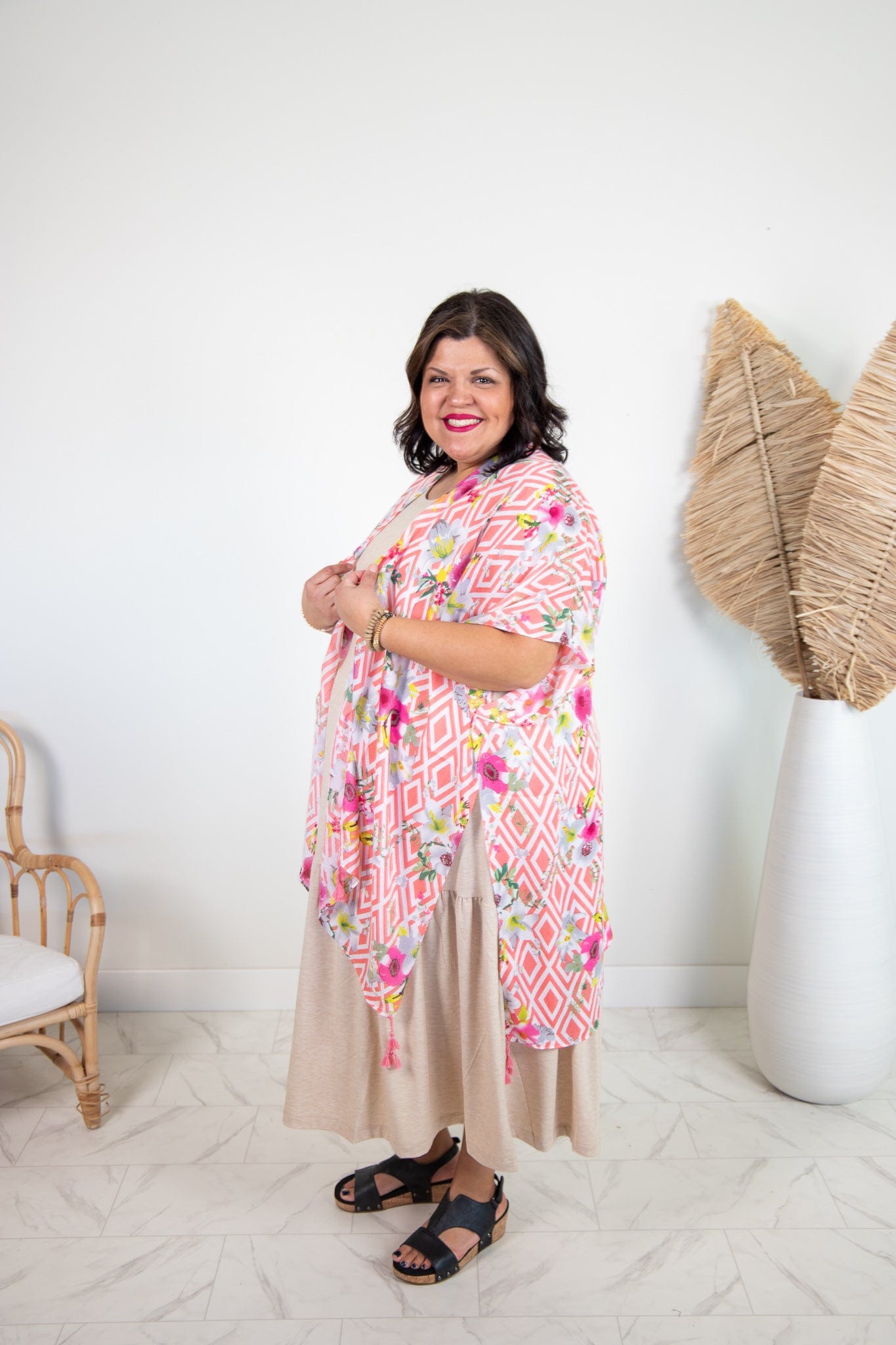 Coral Geo Floral Print Kimono