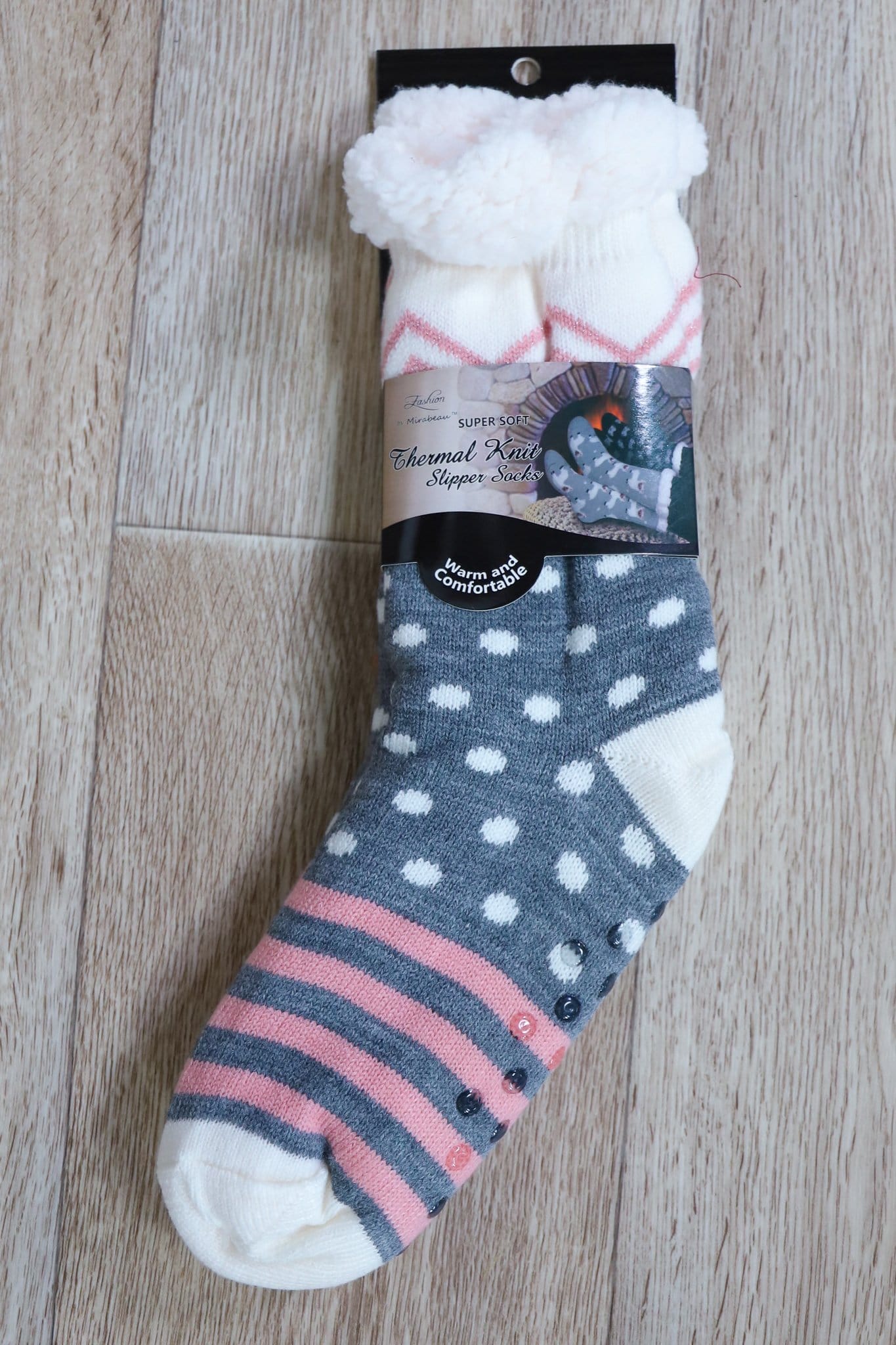 grey white and pink sock