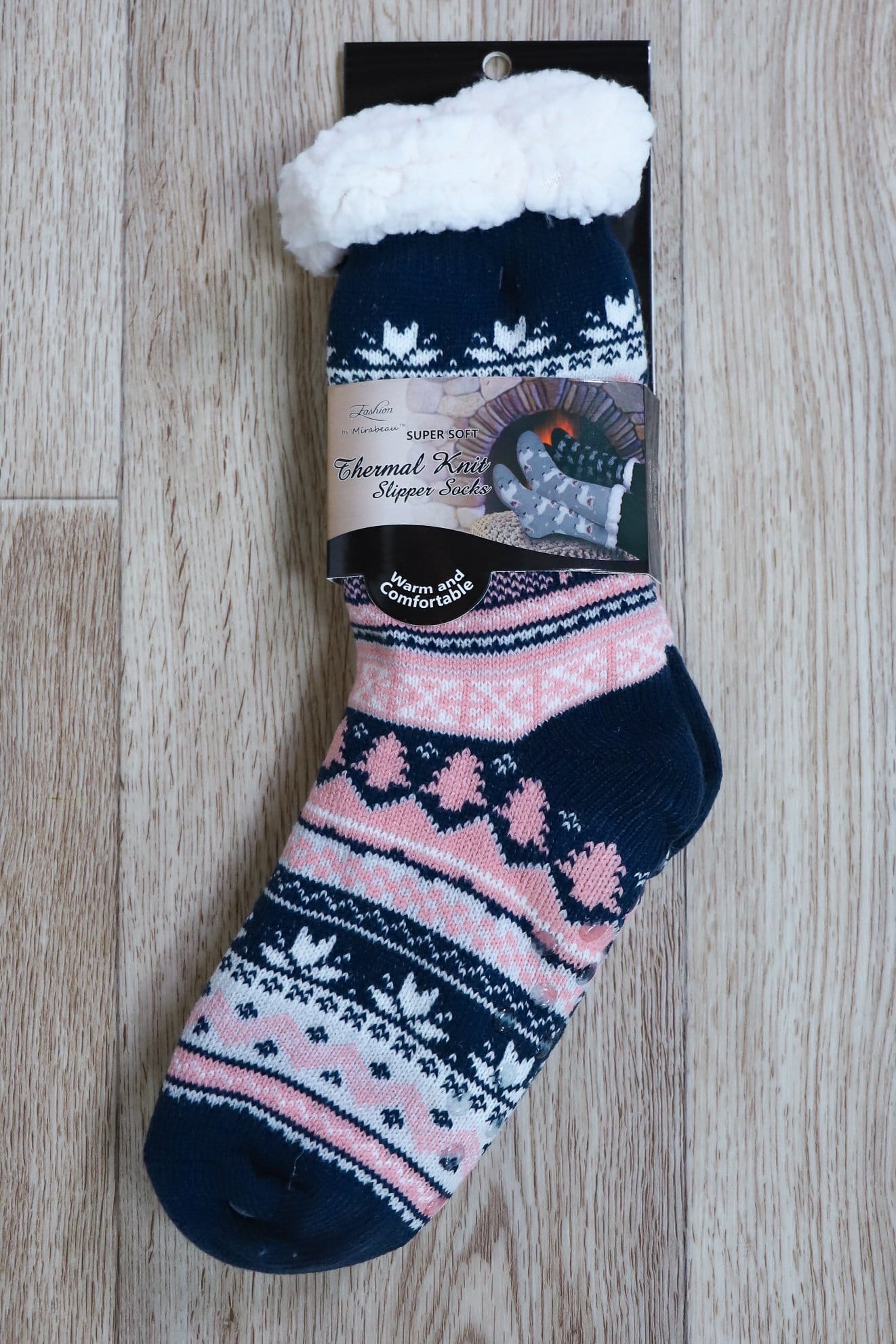 pink blue and white sherpa sock