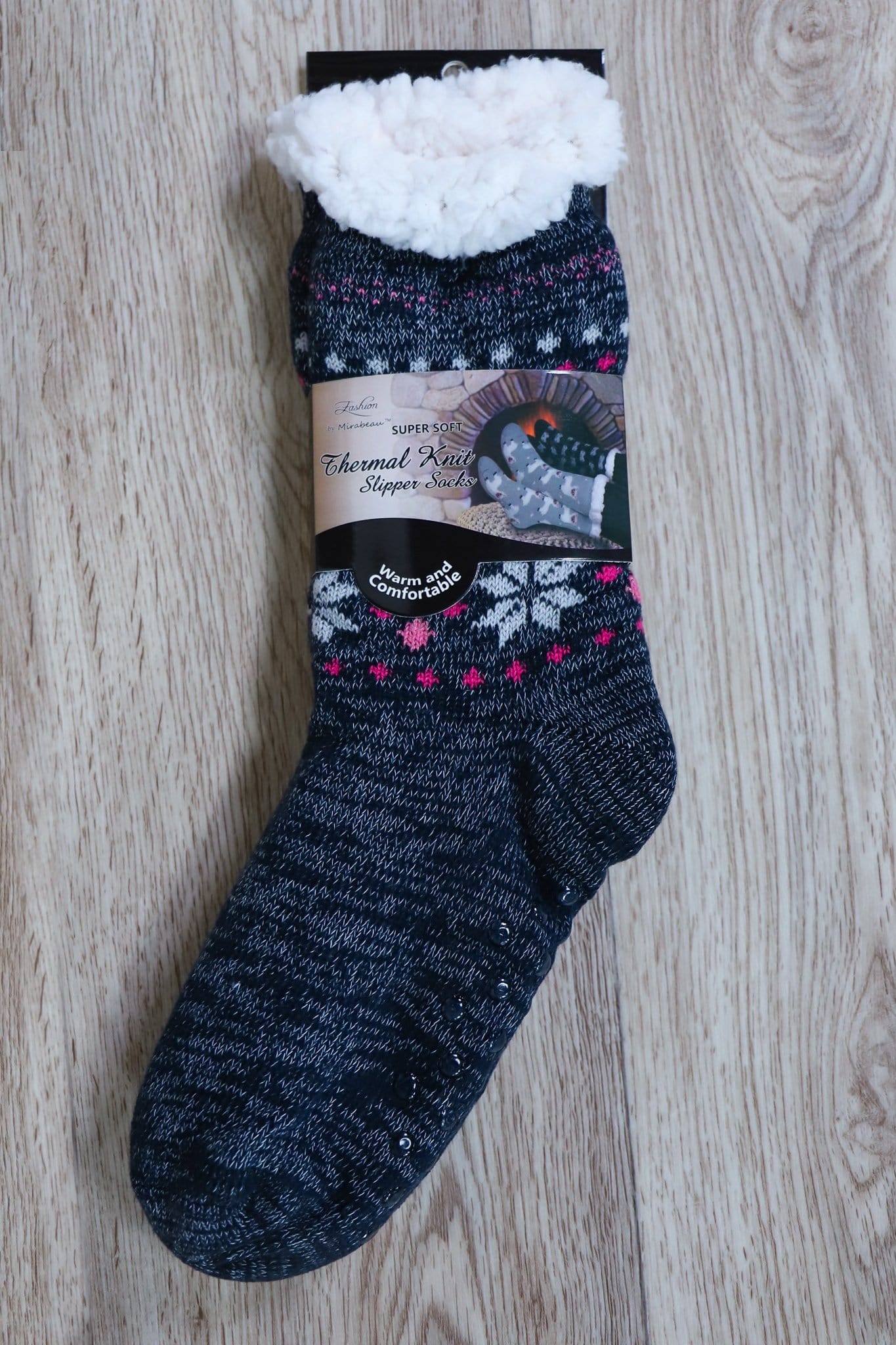 black and pink winter pattern sherpa sock