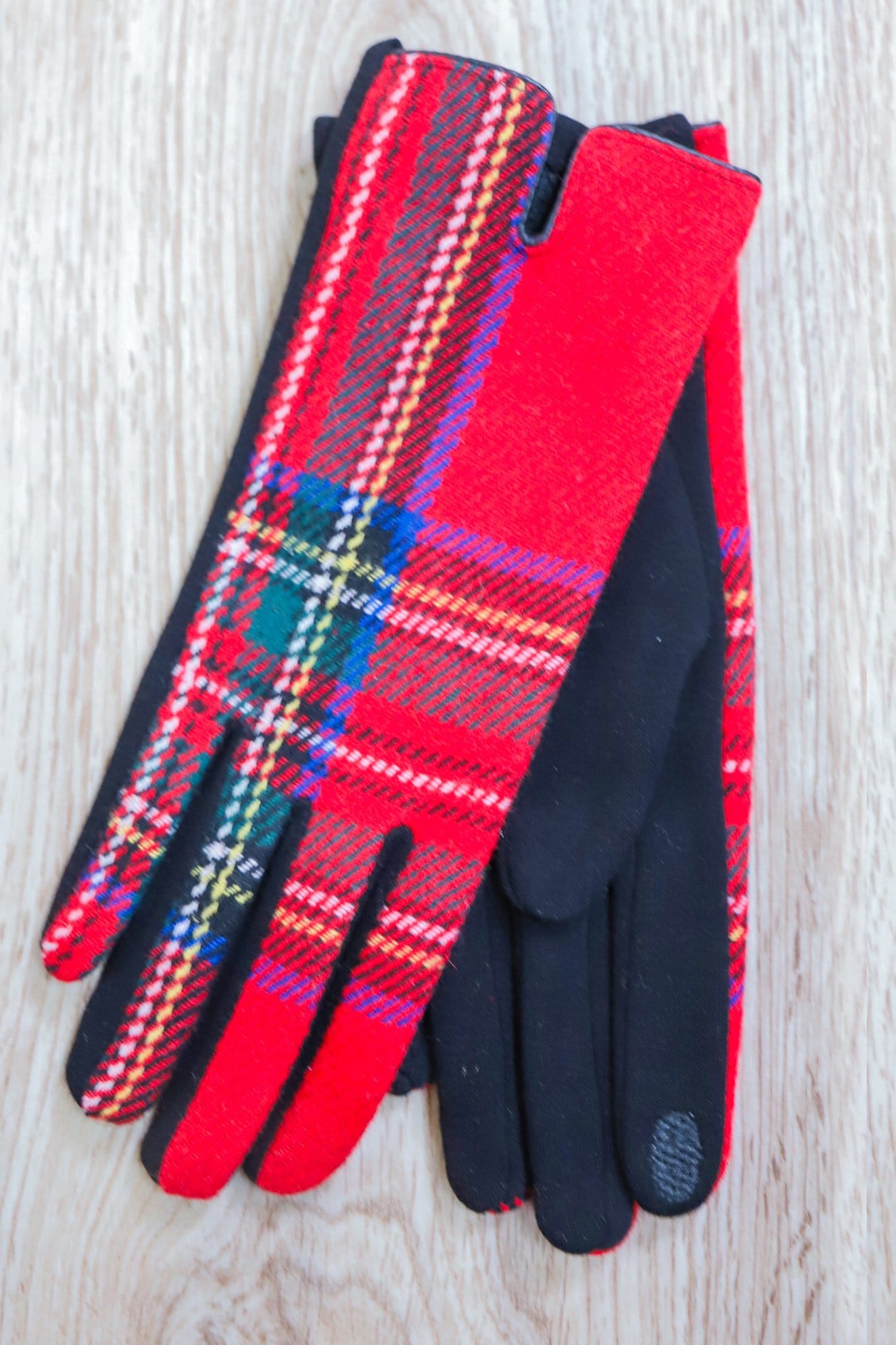 red and yellow striped plaid gloves