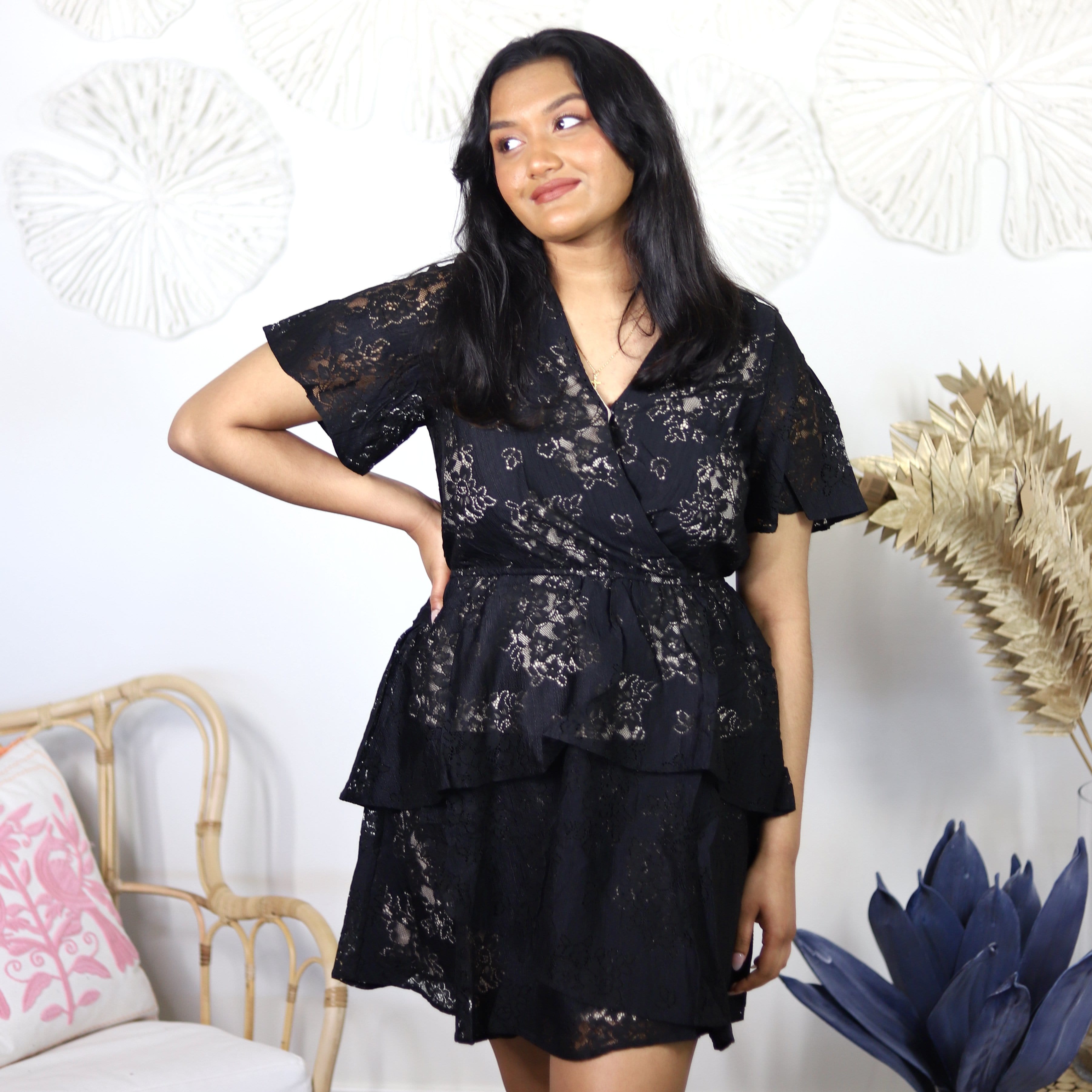 Flutter Sleeve Lace Dress w/ Asymmetrical Tiers