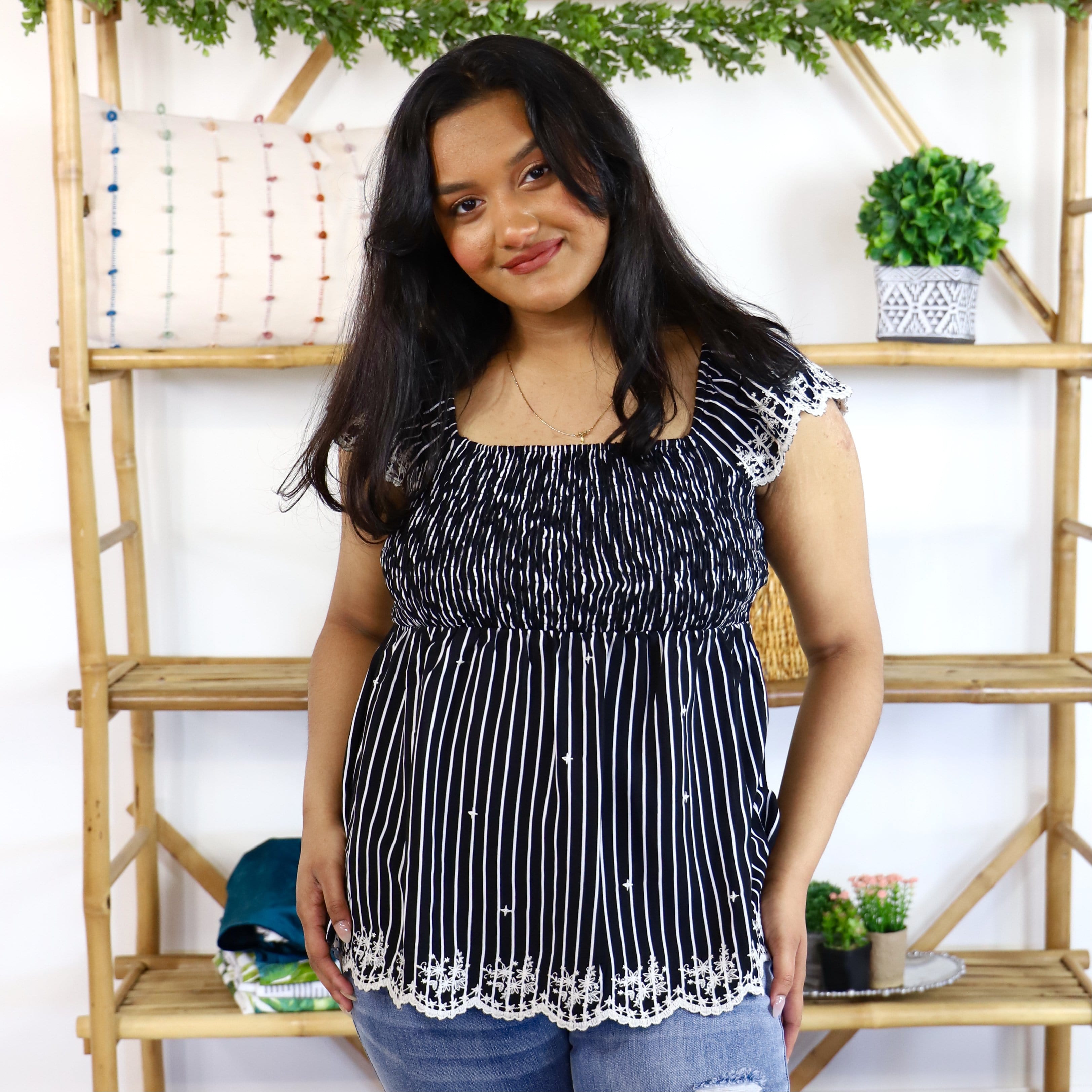 Black Stripe Scallop Detail Top