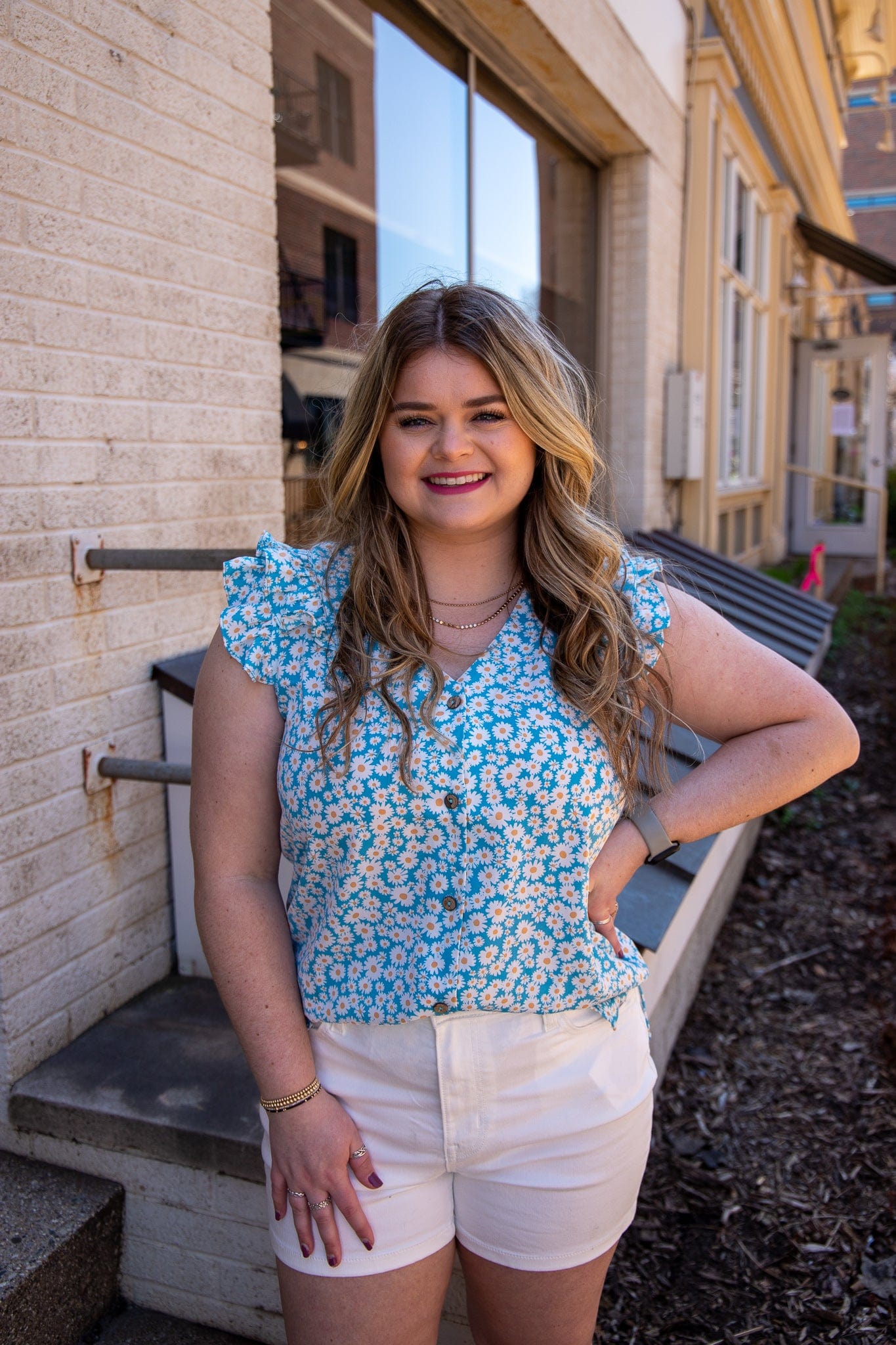 Blue Ditsy Daisy Button Top