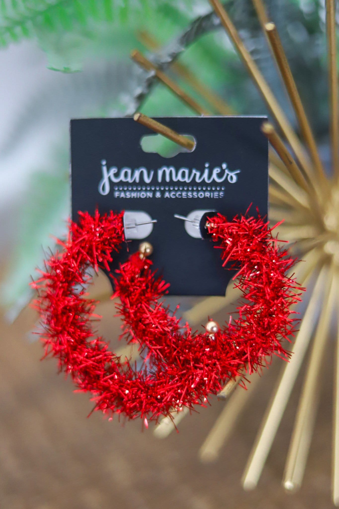 red tinsel hoop earring